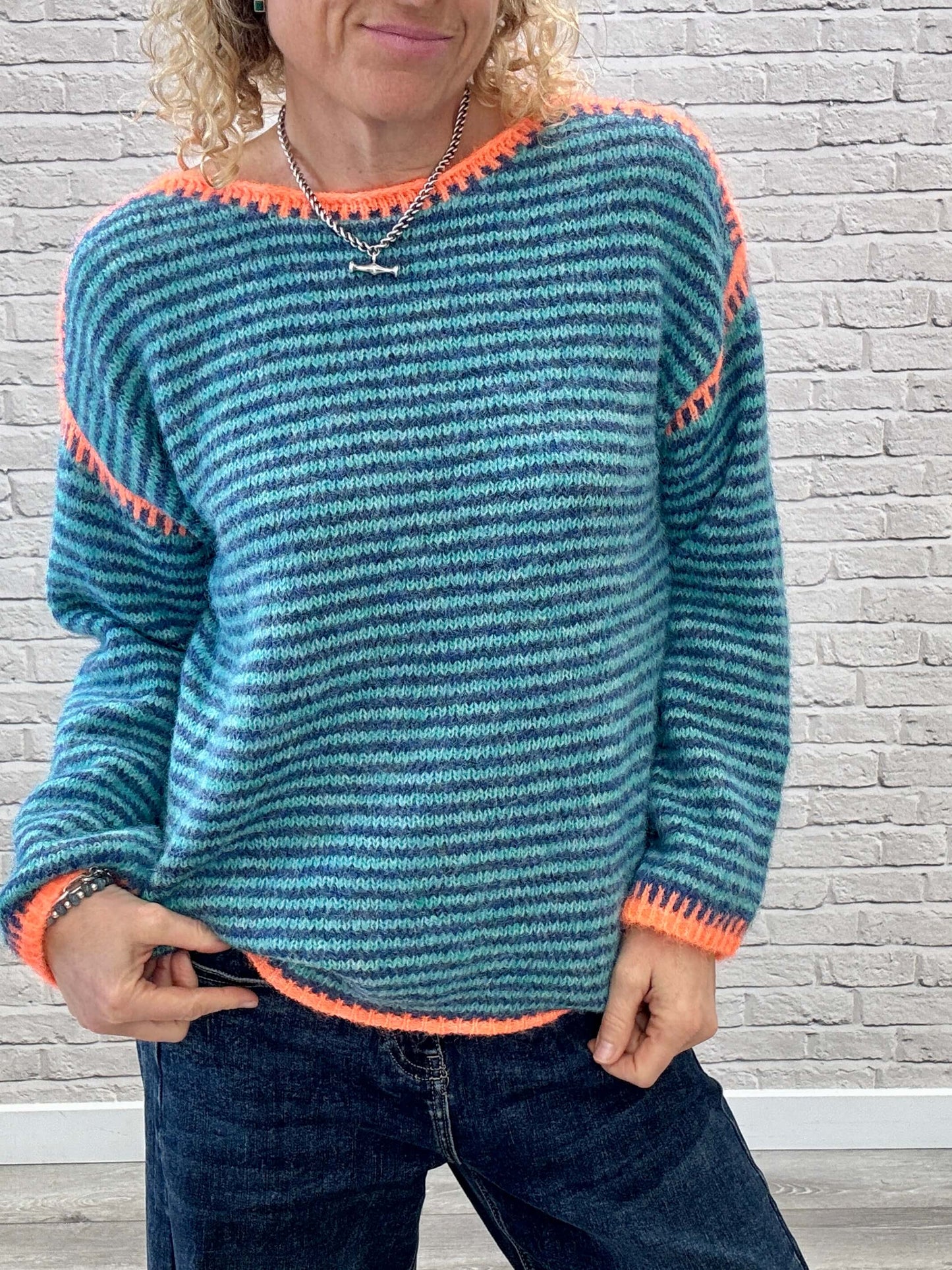 Stockholm Stitch Jumper  | Teal & Blue Stripe