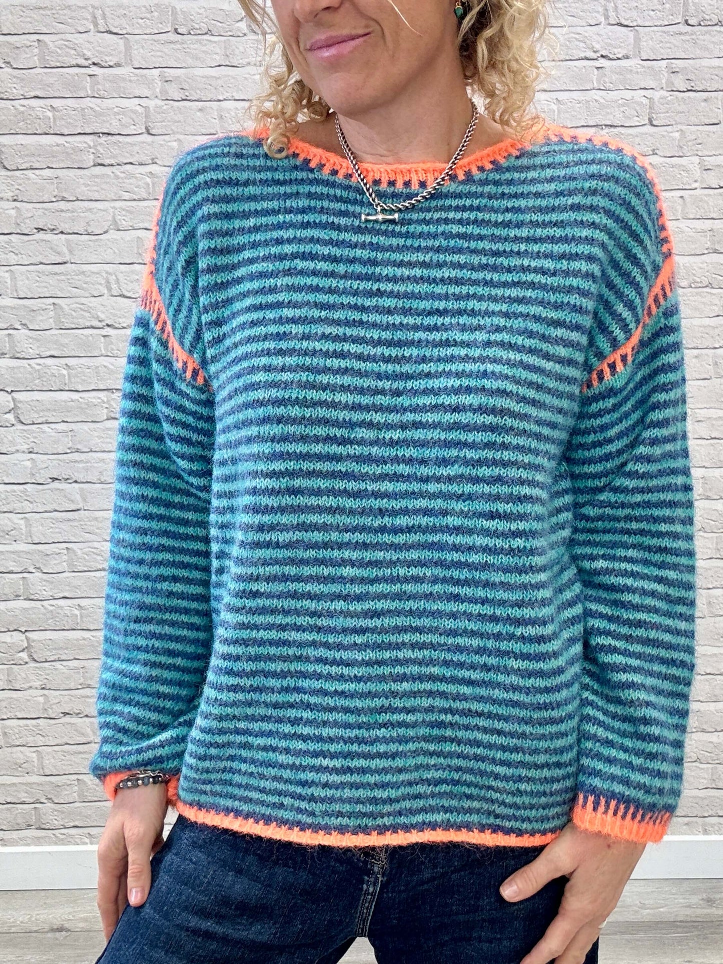 Stockholm Stitch Jumper  | Teal & Blue Stripe