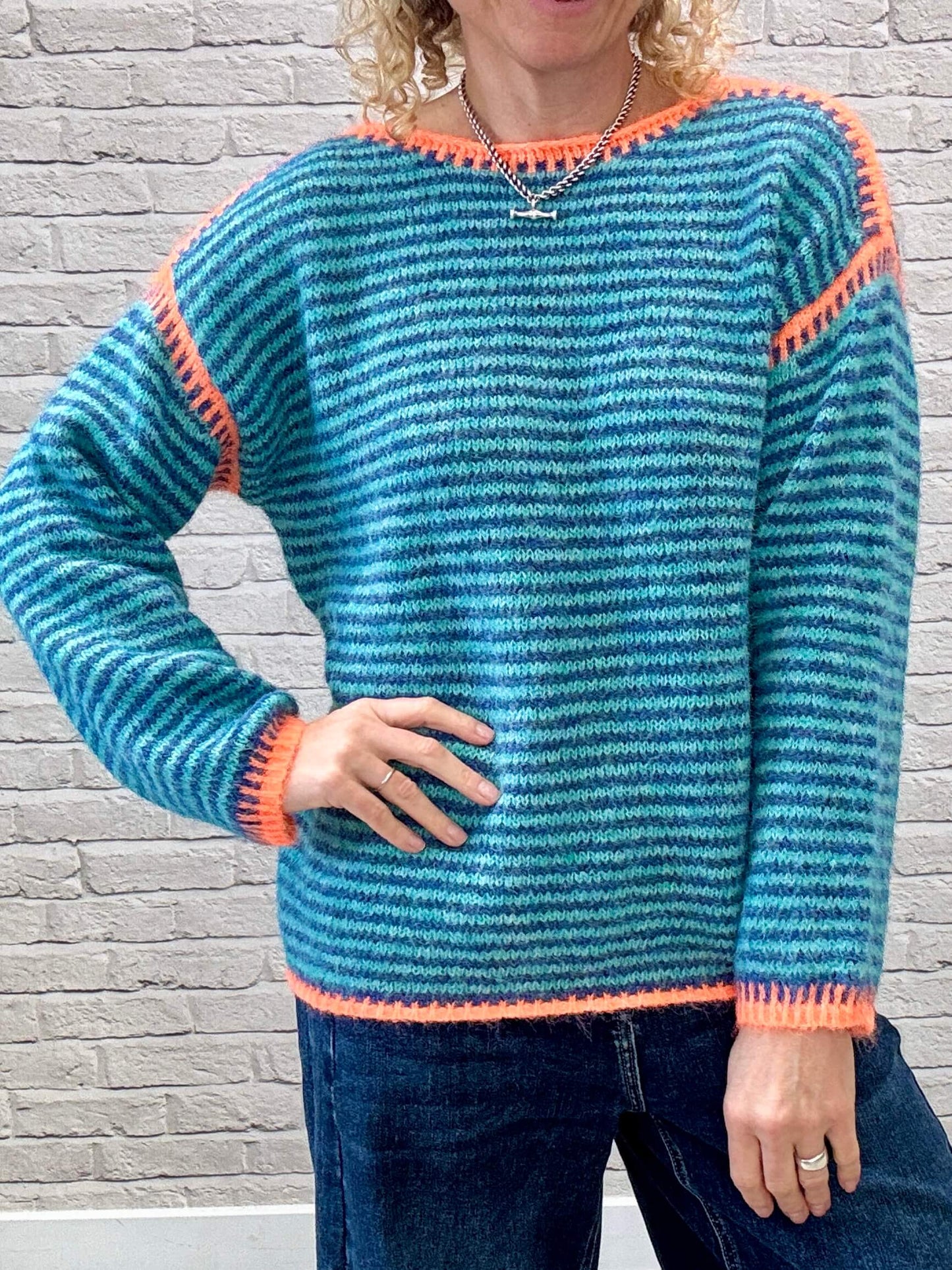 Stockholm Stitch Jumper  | Teal & Blue Stripe