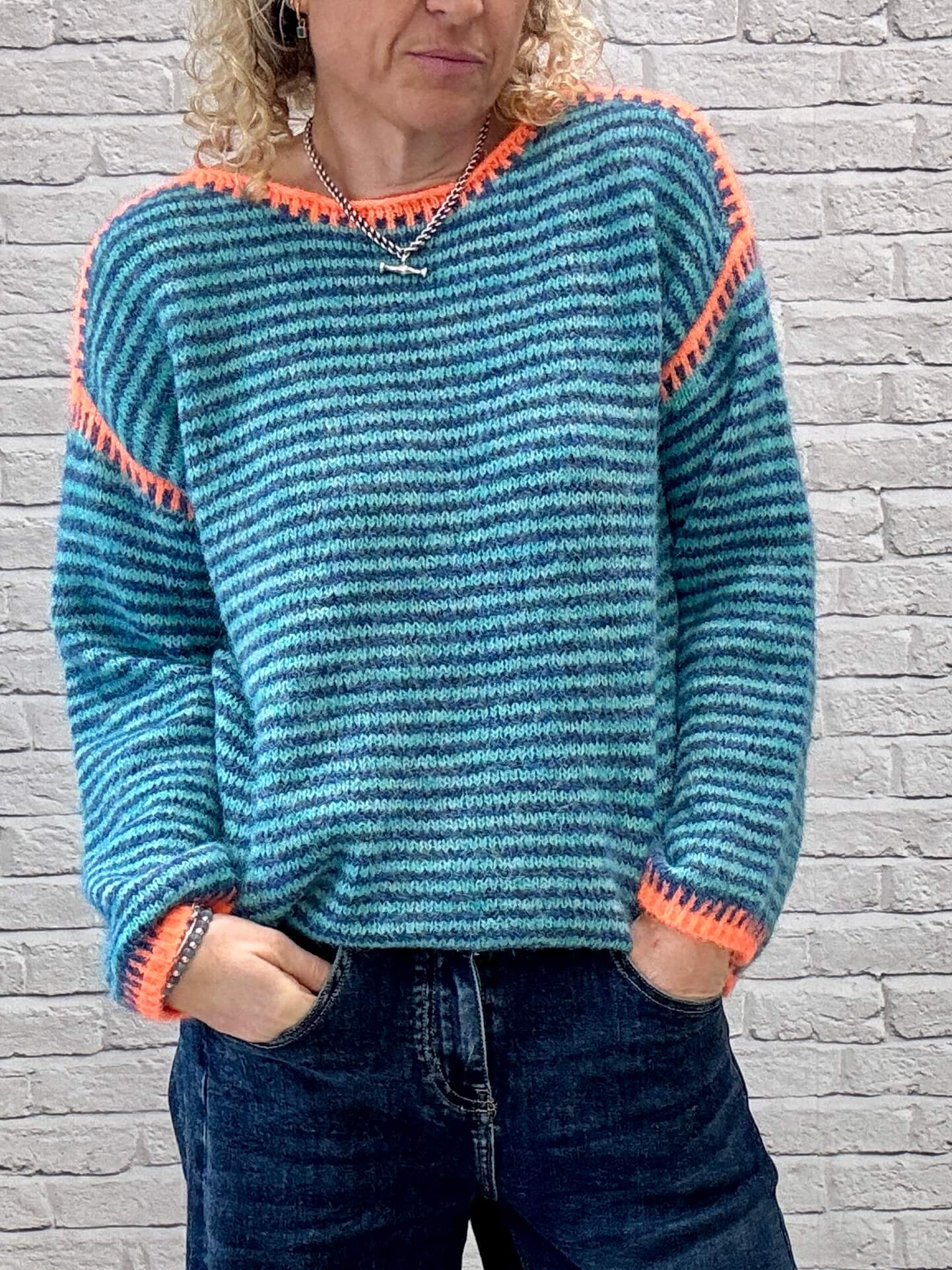 Stockholm Stitch Jumper  | Teal & Blue Stripe