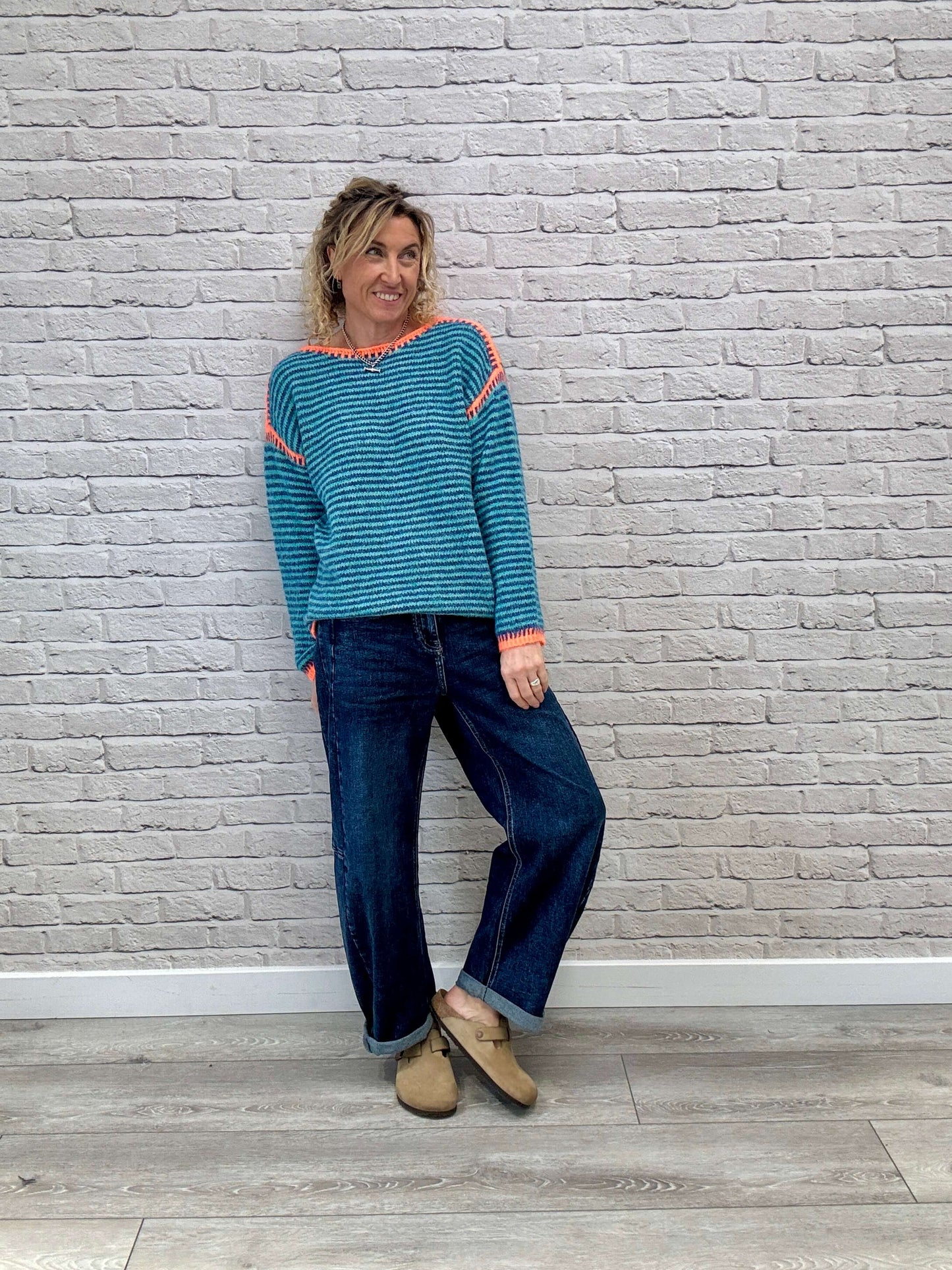 Stockholm Stitch Jumper  | Teal & Blue Stripe