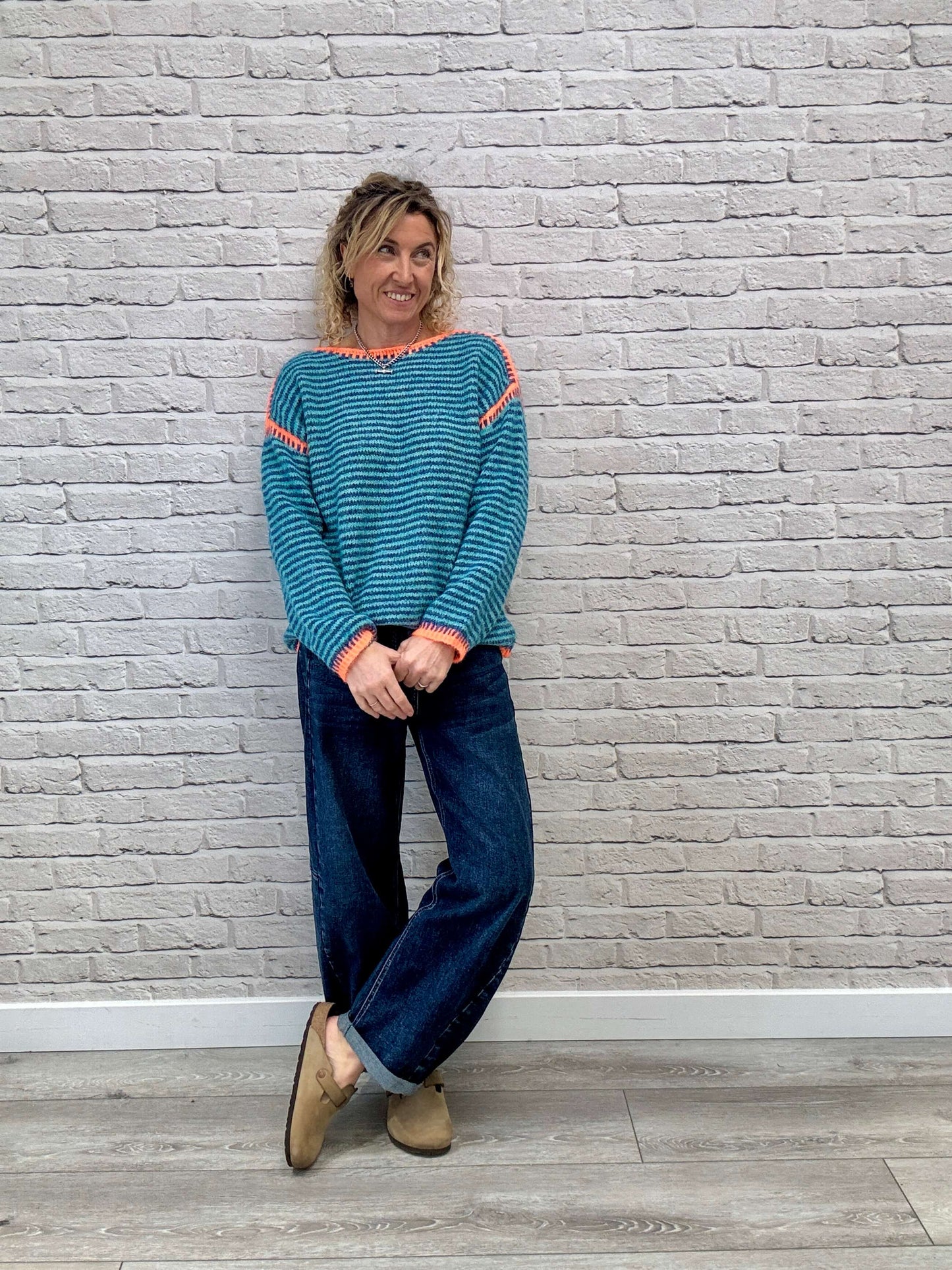 Stockholm Stitch Jumper  | Teal & Blue Stripe
