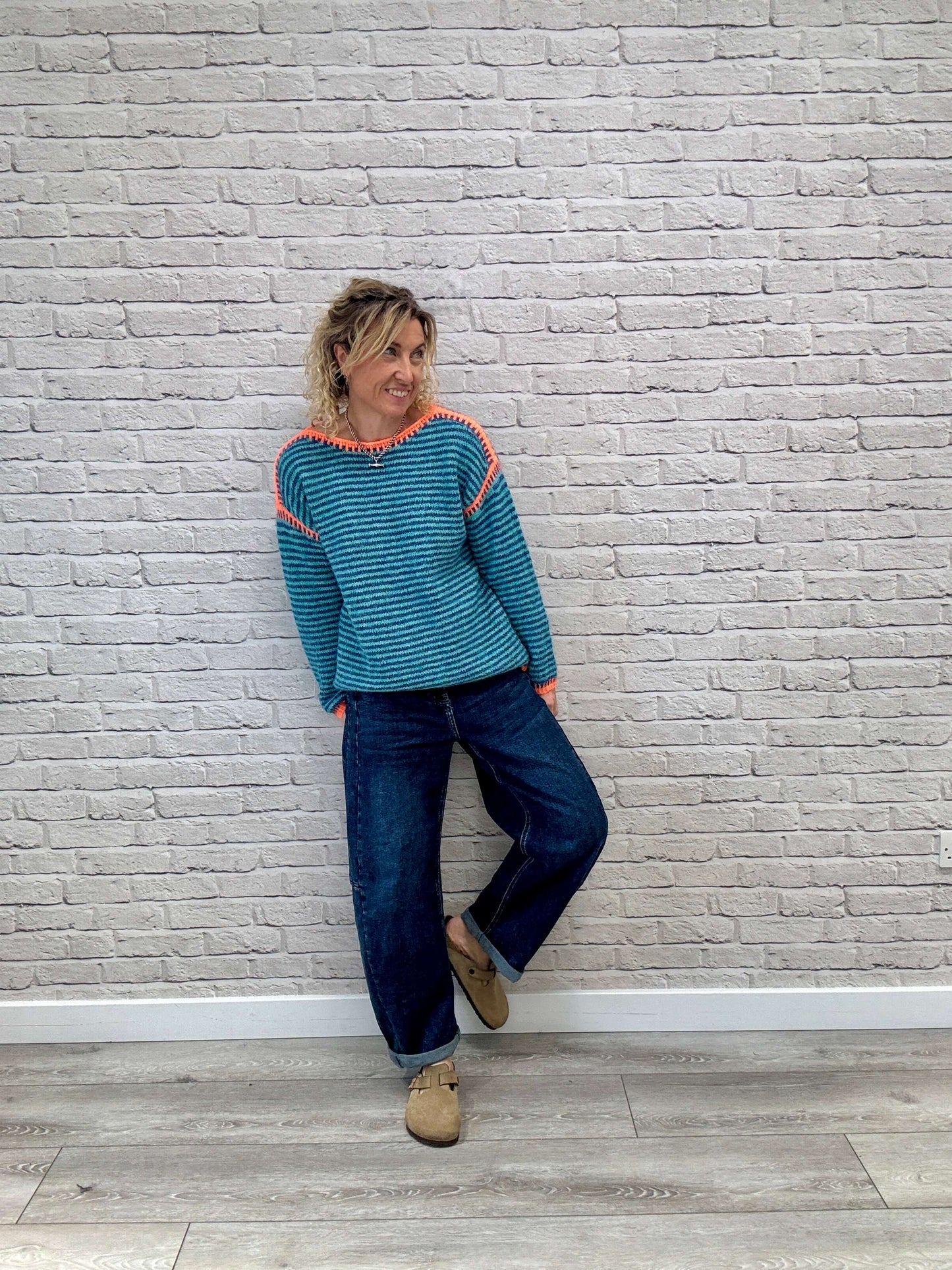 Stockholm Stitch Jumper  | Teal & Blue Stripe