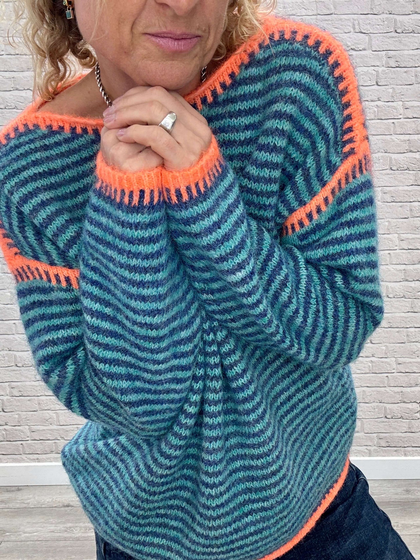 Stockholm Stitch Jumper  | Teal & Blue Stripe