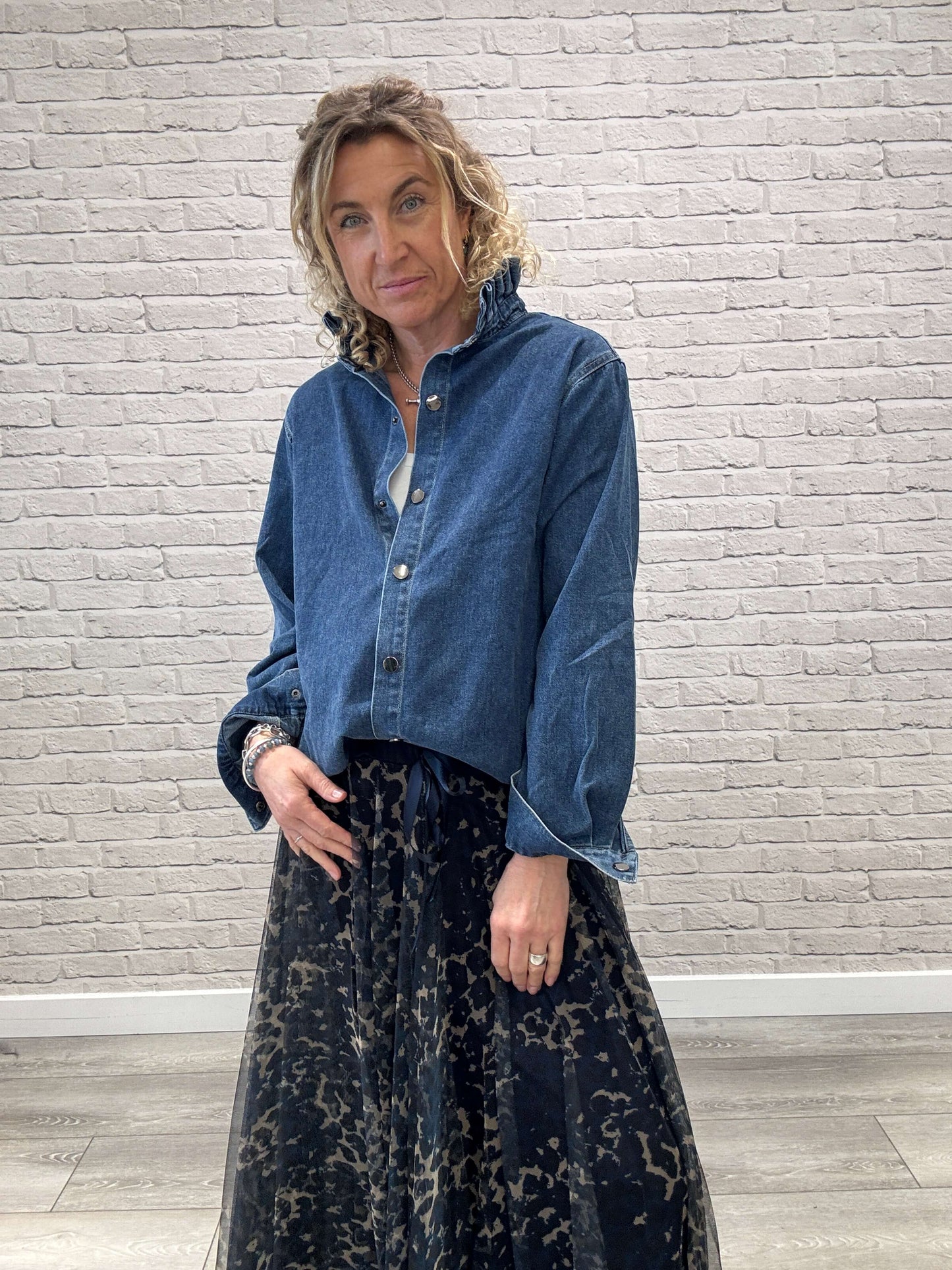 Lara Denim Ruffle-Collar Shacket