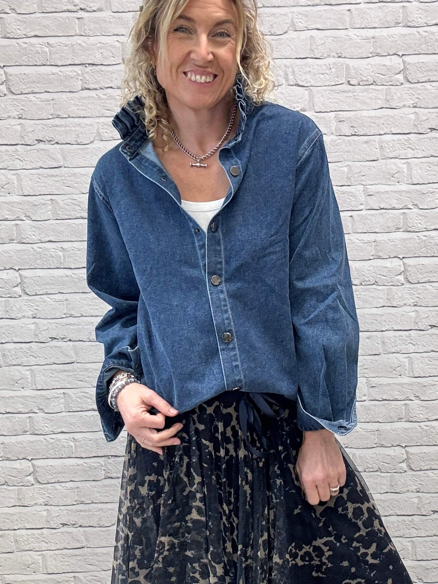 Lara Denim Ruffle-Collar Shacket