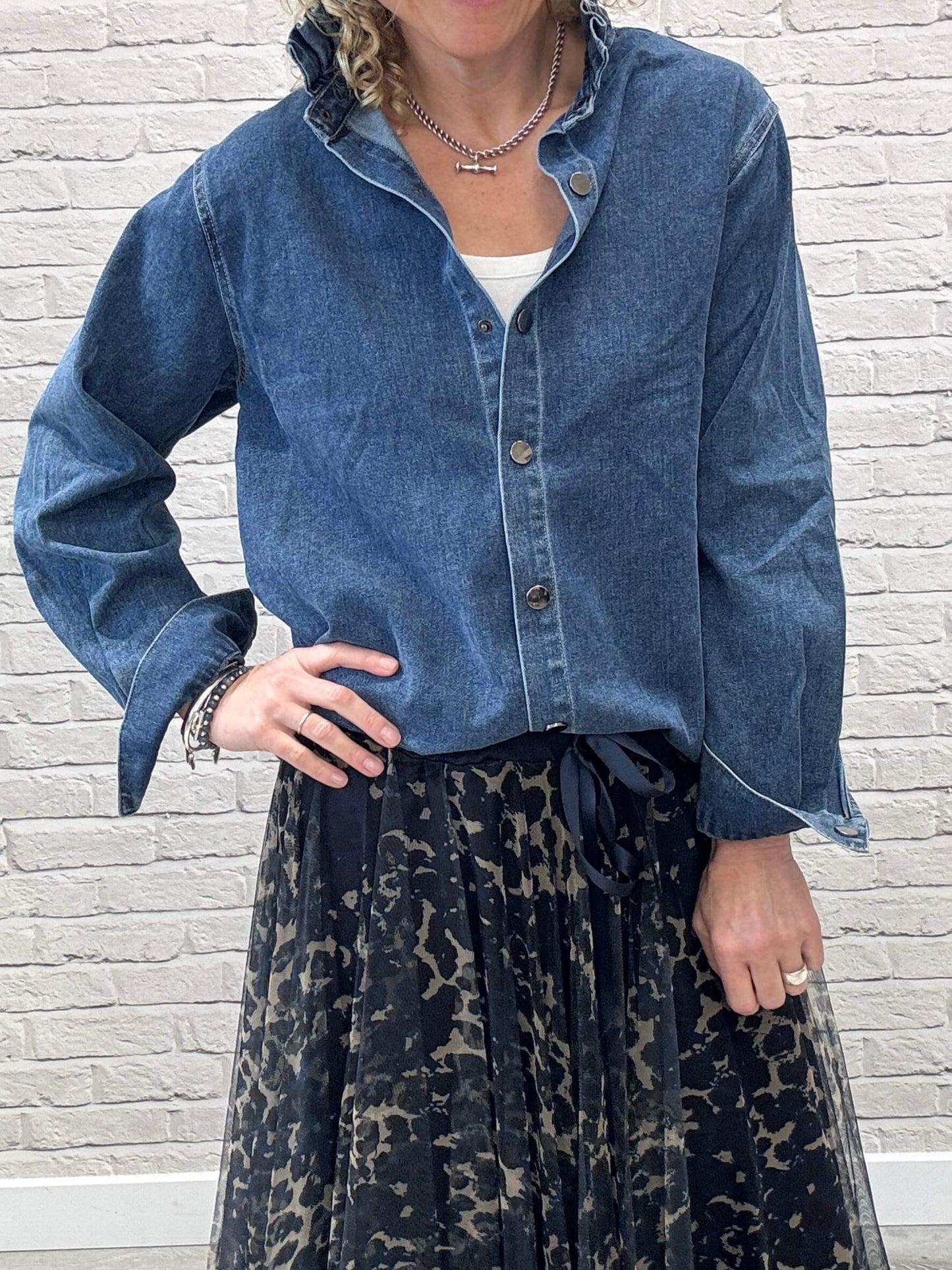 Lara Denim Ruffle-Collar Shacket