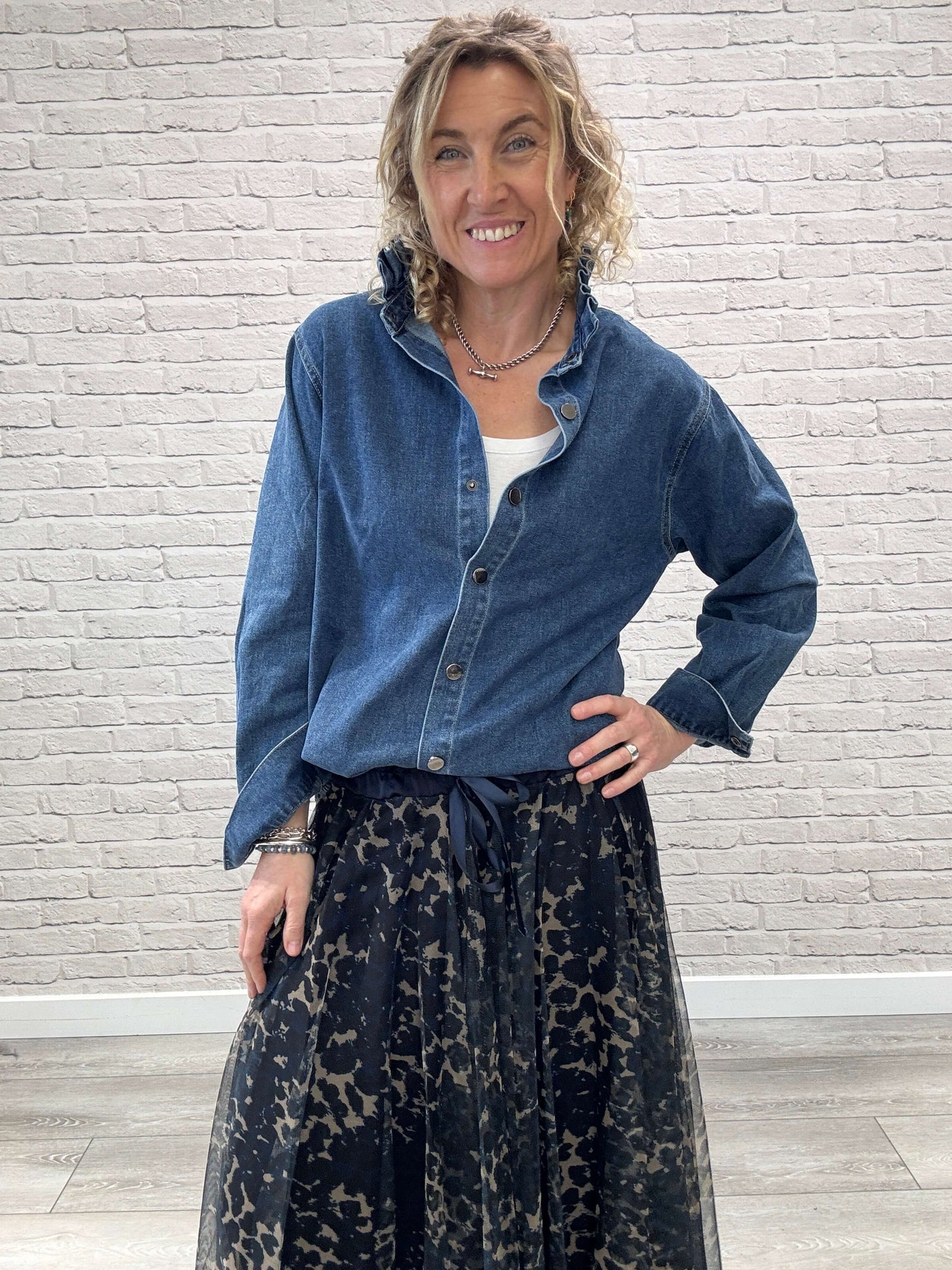 Lara Denim Ruffle-Collar Shacket