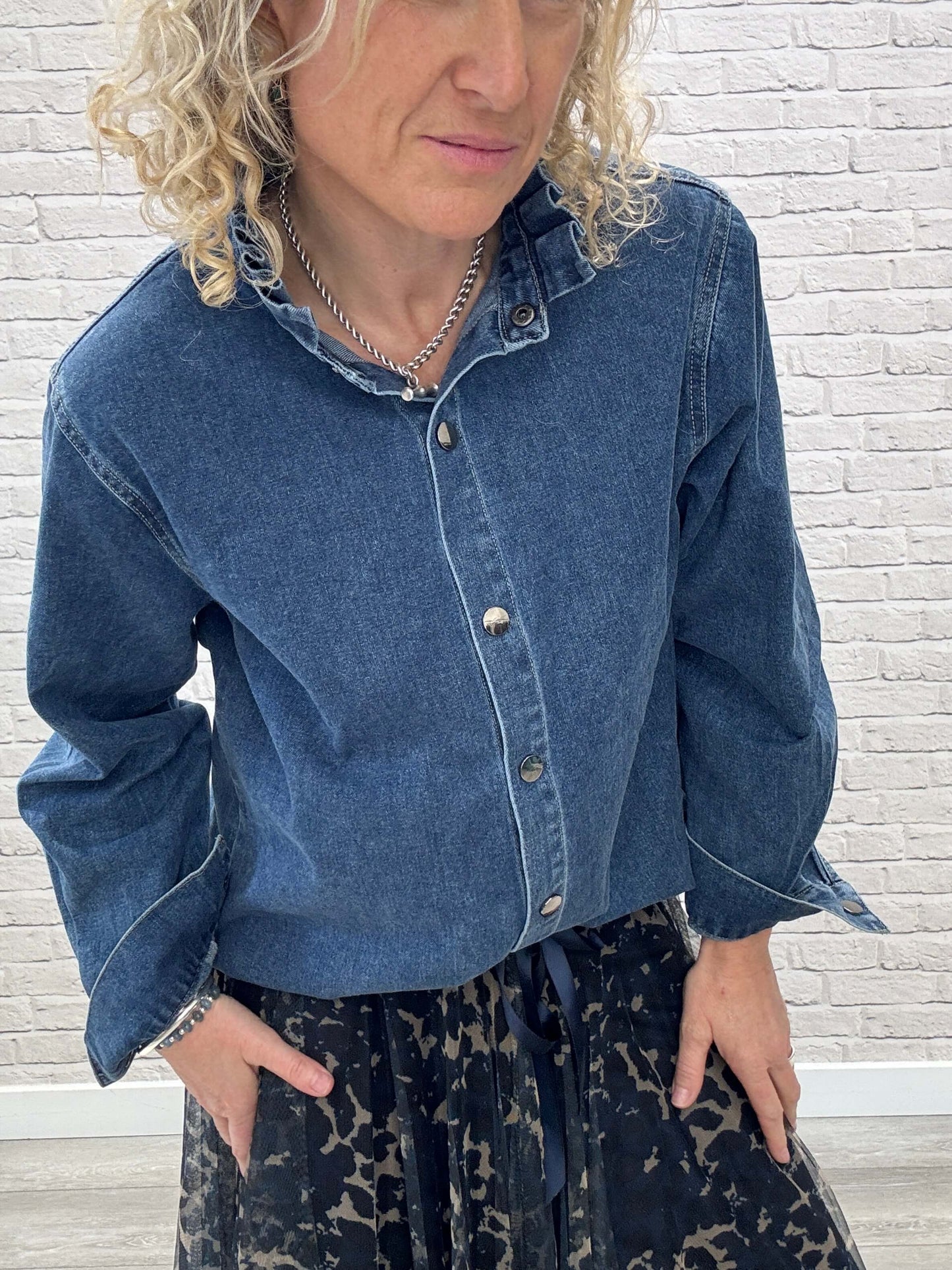 Lara Denim Ruffle-Collar Shacket