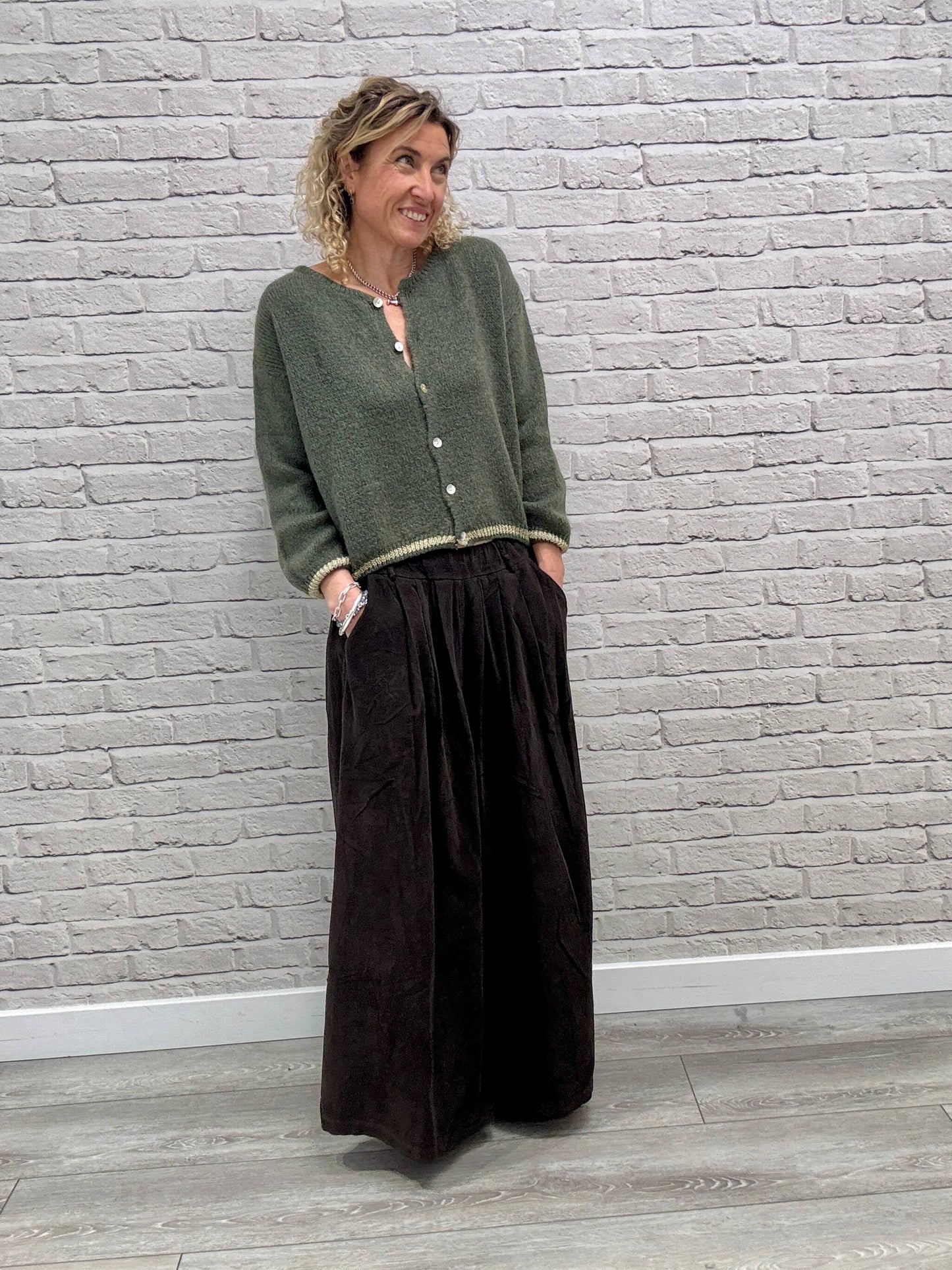 Long Sleeve Hamptons Cardigan | Khaki & Gold (NEW)