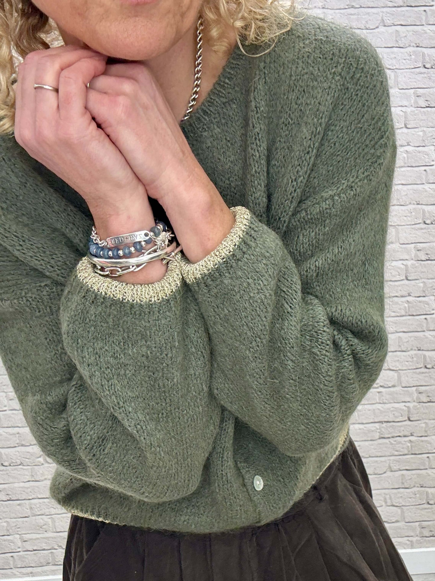 Long Sleeve Hamptons Cardigan | Khaki & Gold (NEW)