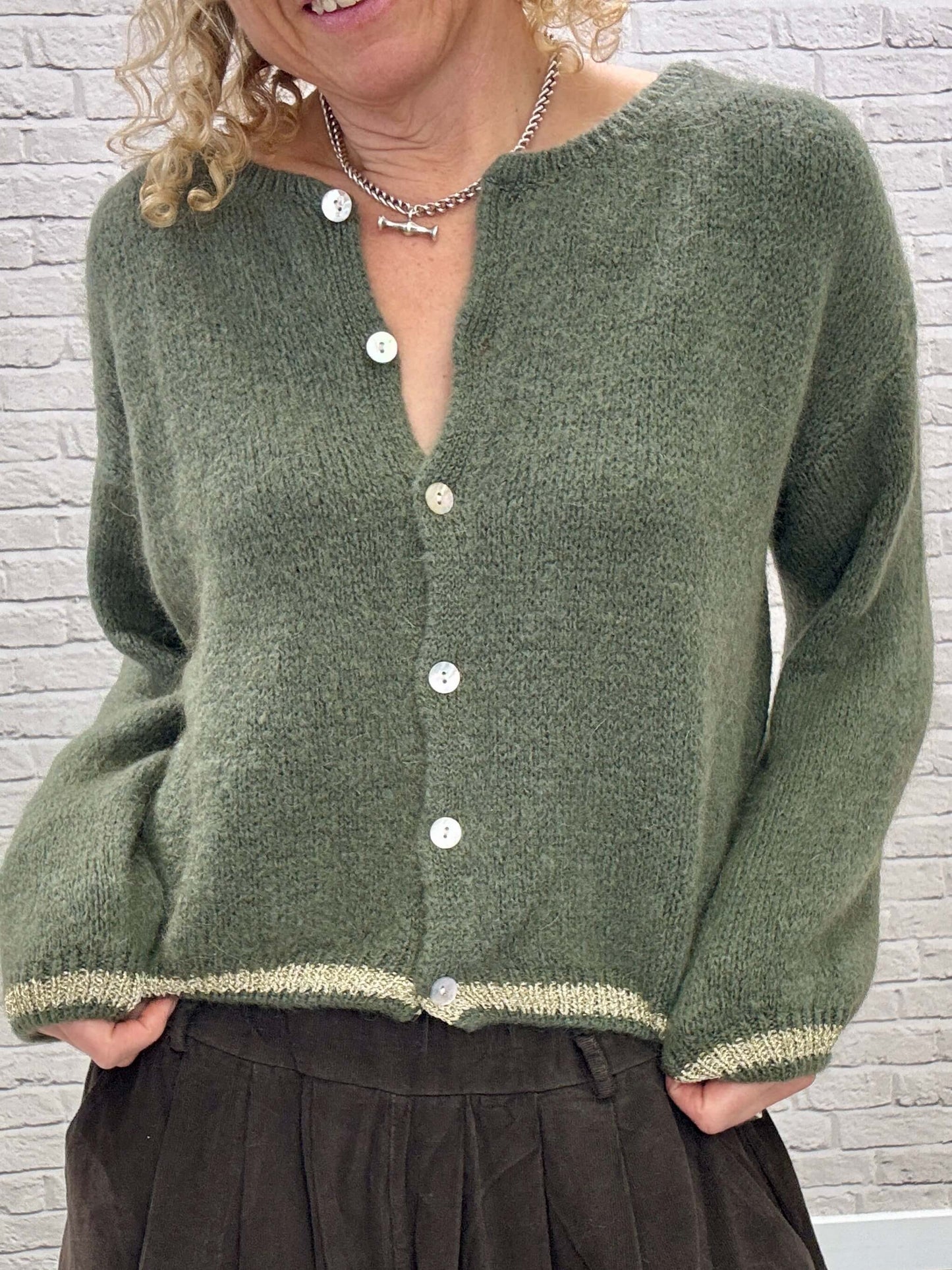 Long Sleeve Hamptons Cardigan | Khaki & Gold (NEW)