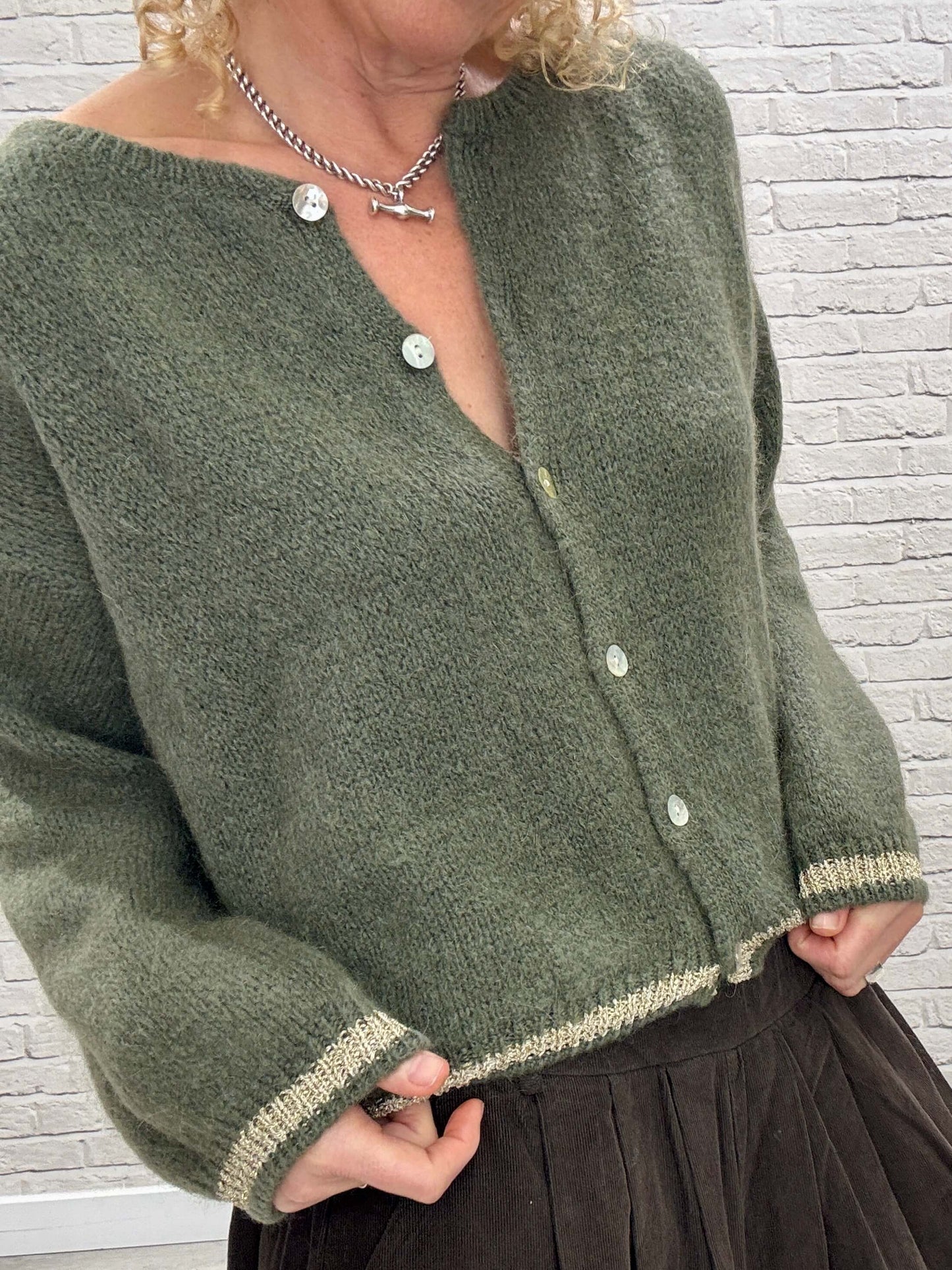 Long Sleeve Hamptons Cardigan | Khaki & Gold (NEW)