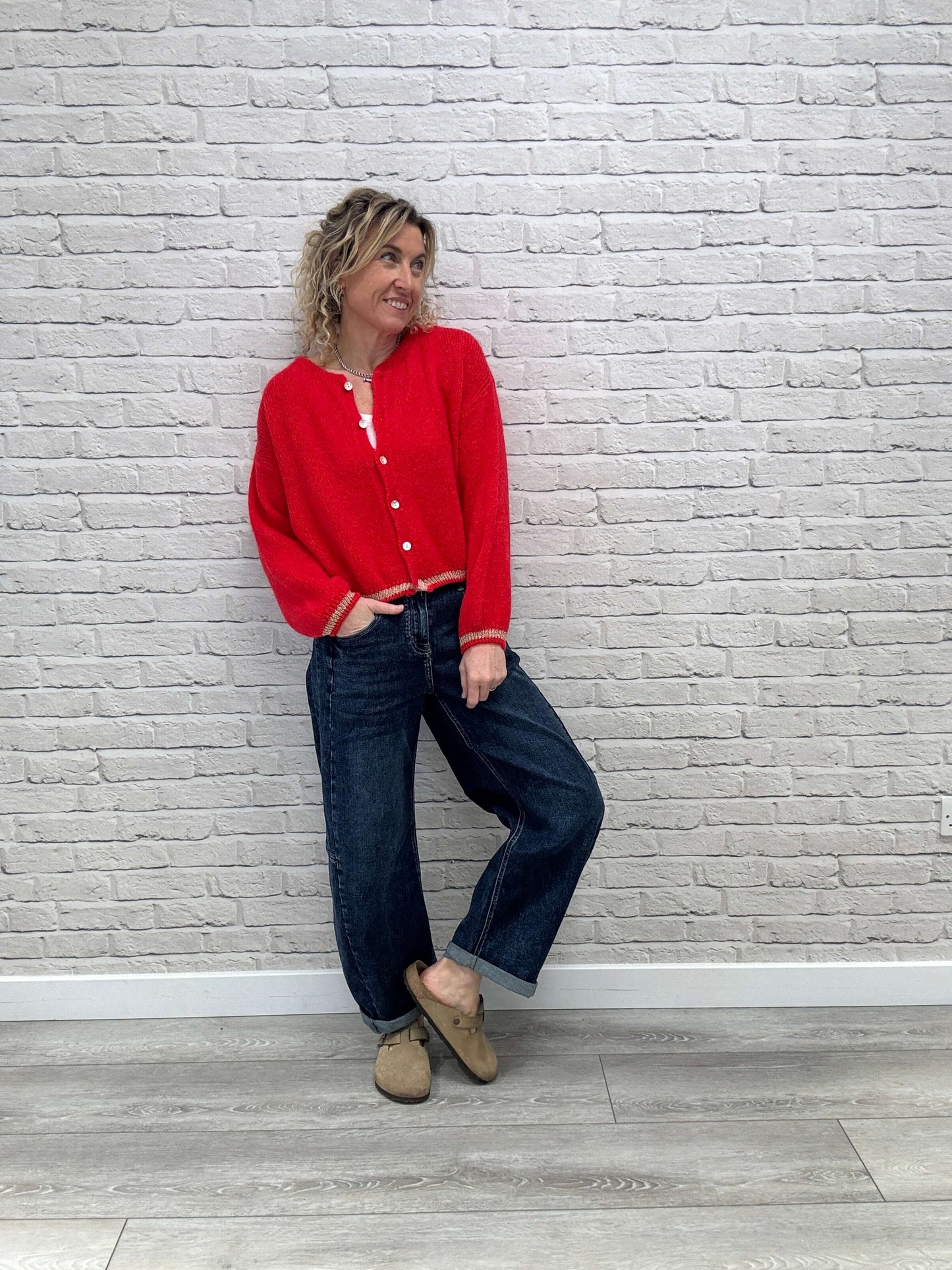 Long Sleeve Hamptons Cardigan | Red & Gold (NEW)