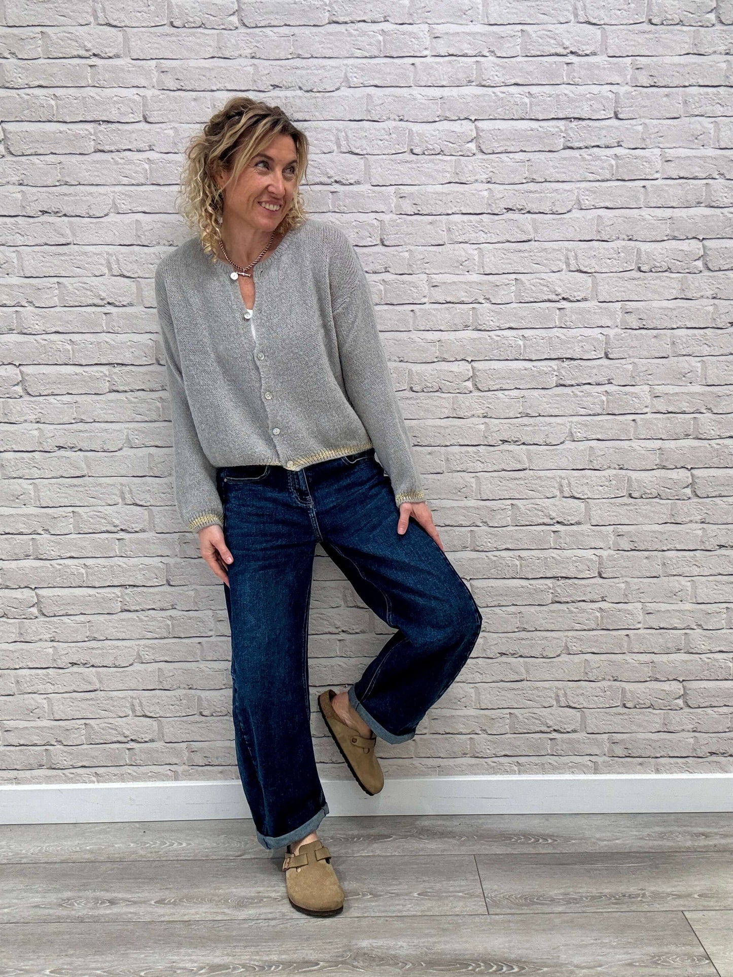 Long Sleeve Hamptons Cardigan | Dove Grey & Gold (NEW)