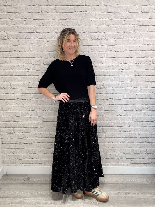 Lopez Velvet Sequin Maxi Skirt | Black