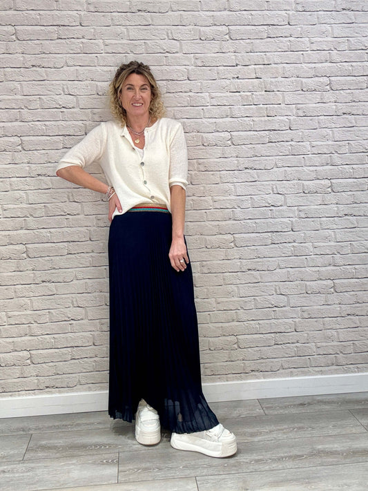 Navy Pleated Maxi with Rainbow Waistband