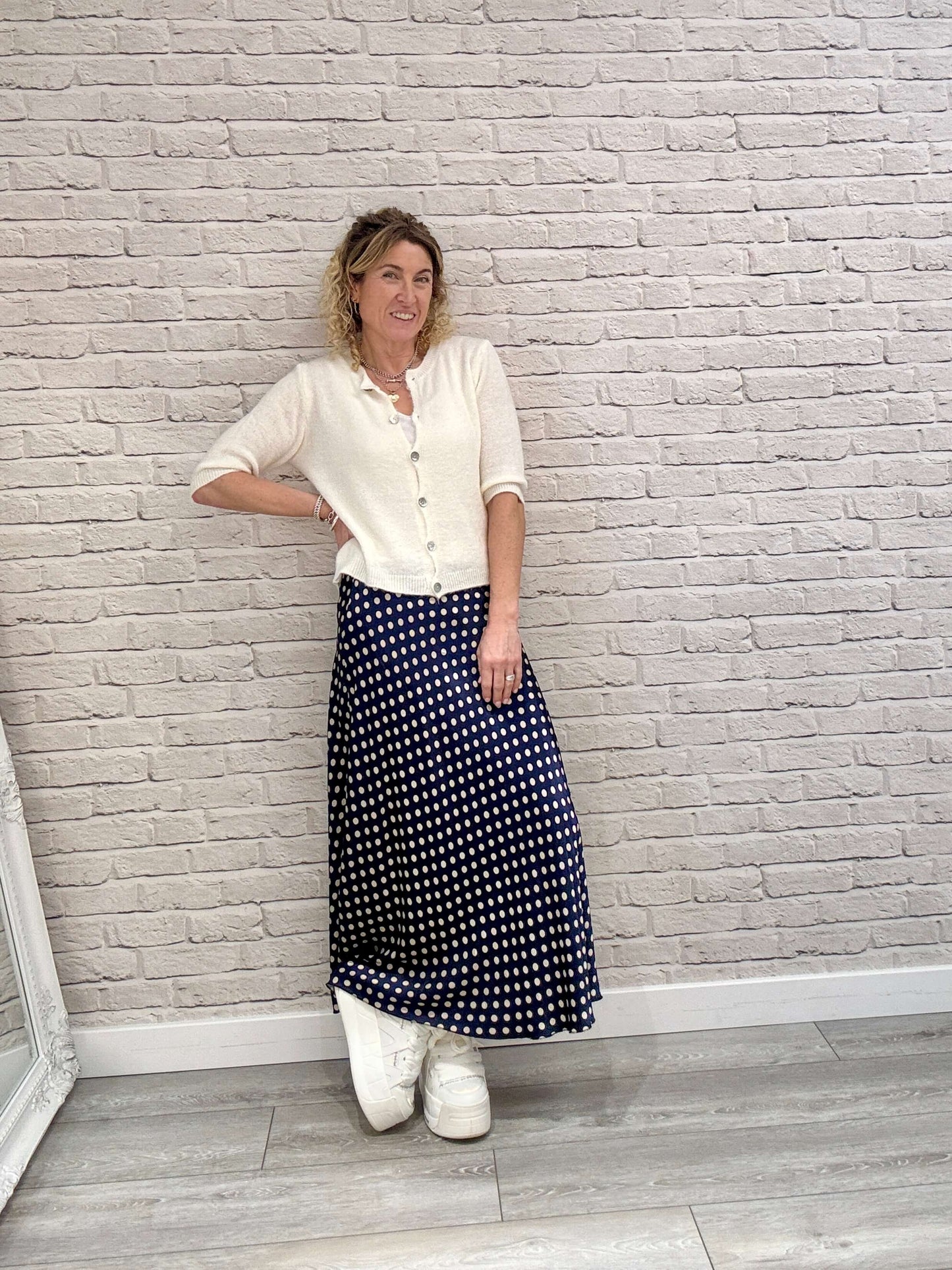 Dotty Satin Slip Skirt | Navy