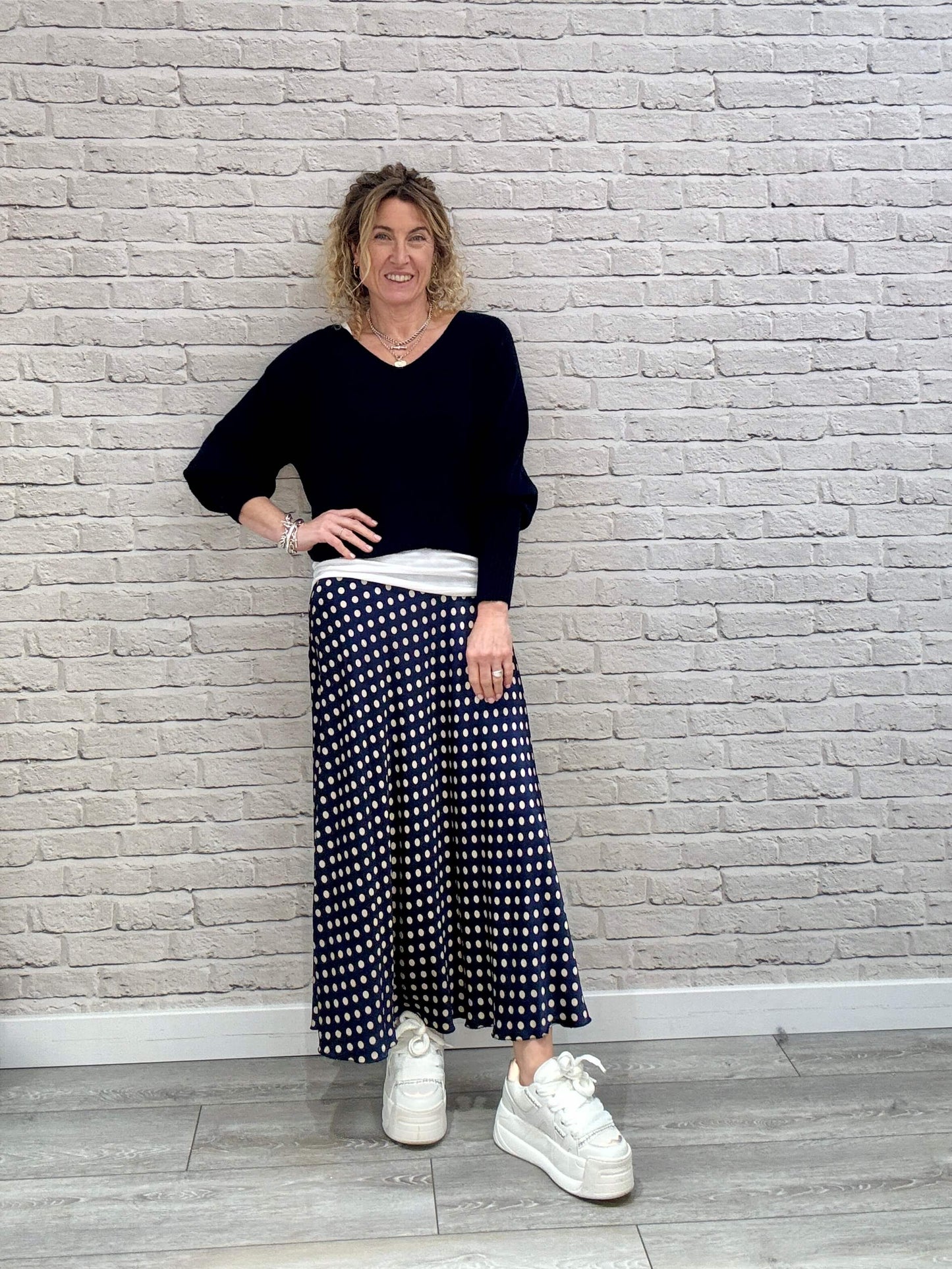 Dotty Satin Slip Skirt | Navy