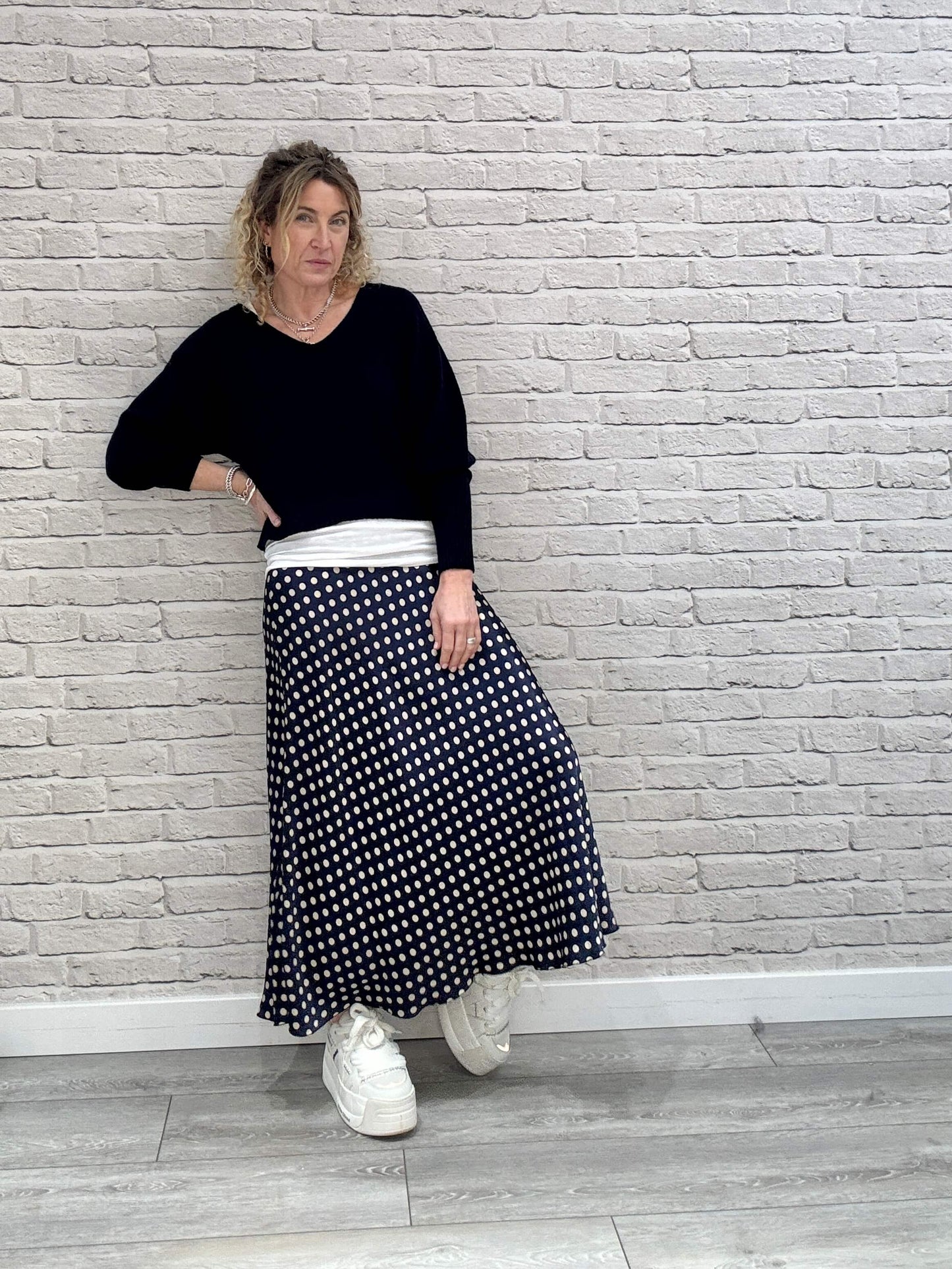 Dotty Satin Slip Skirt | Navy