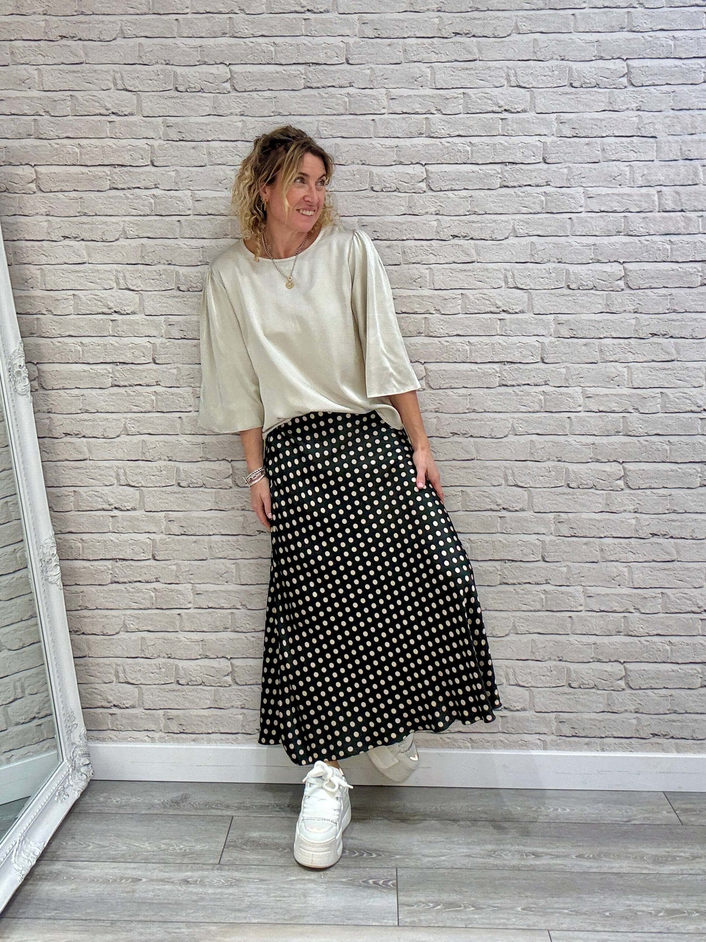 Dotty Satin Slip Skirt | Khaki