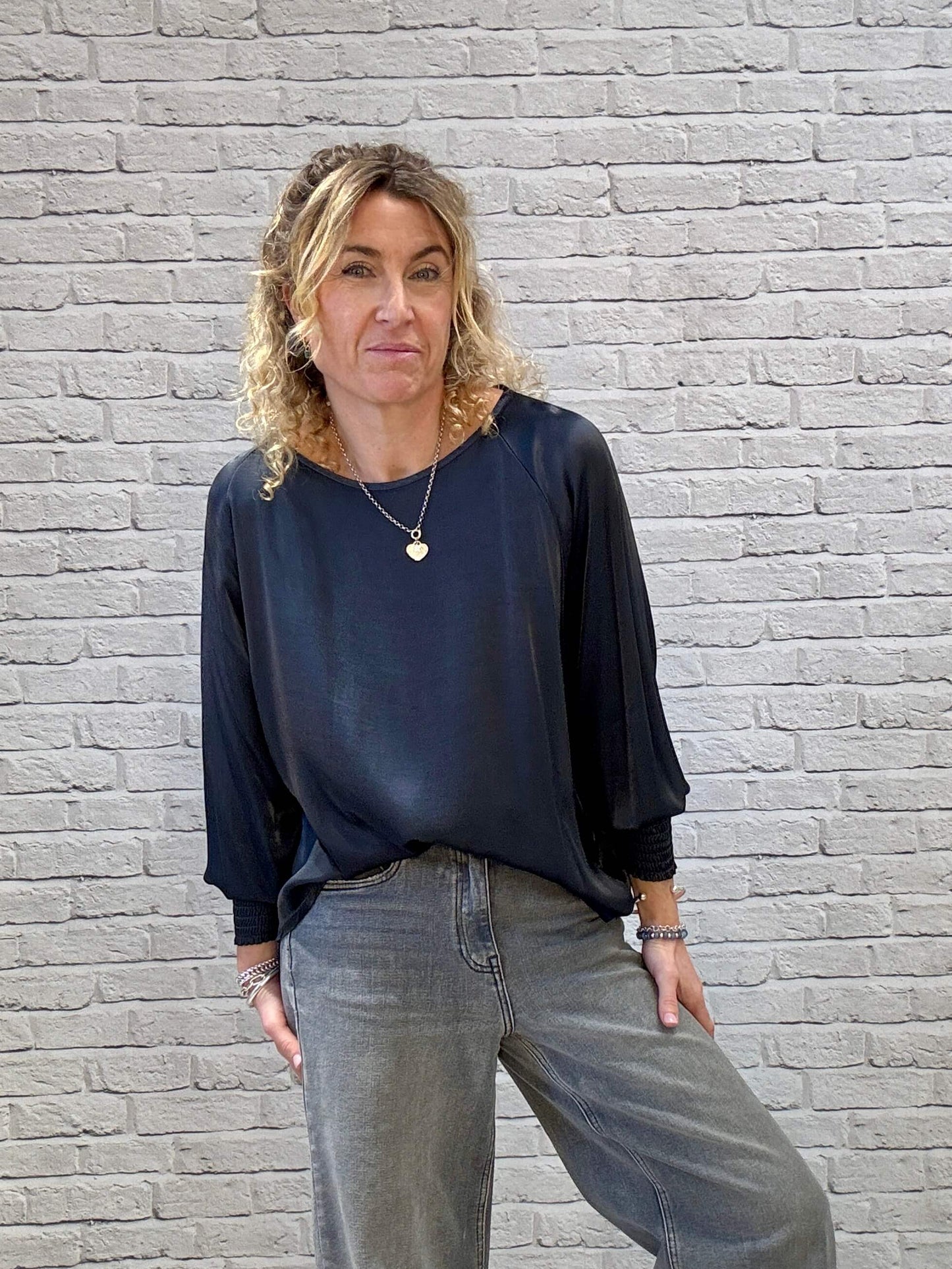 Sophia Satin Top | Charcoal