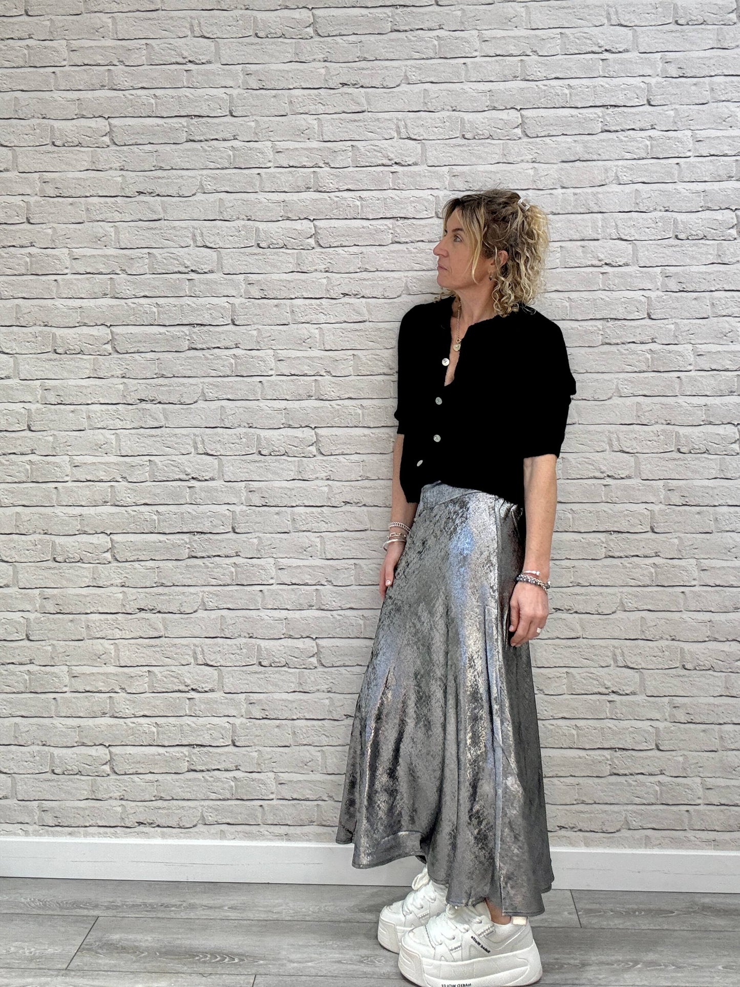 Silver Metallic Midi-Maxi Skirt