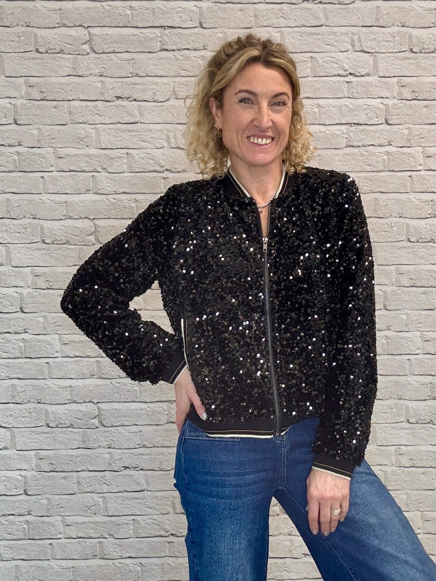 Sienna Sequin Bomber Jacket | Black