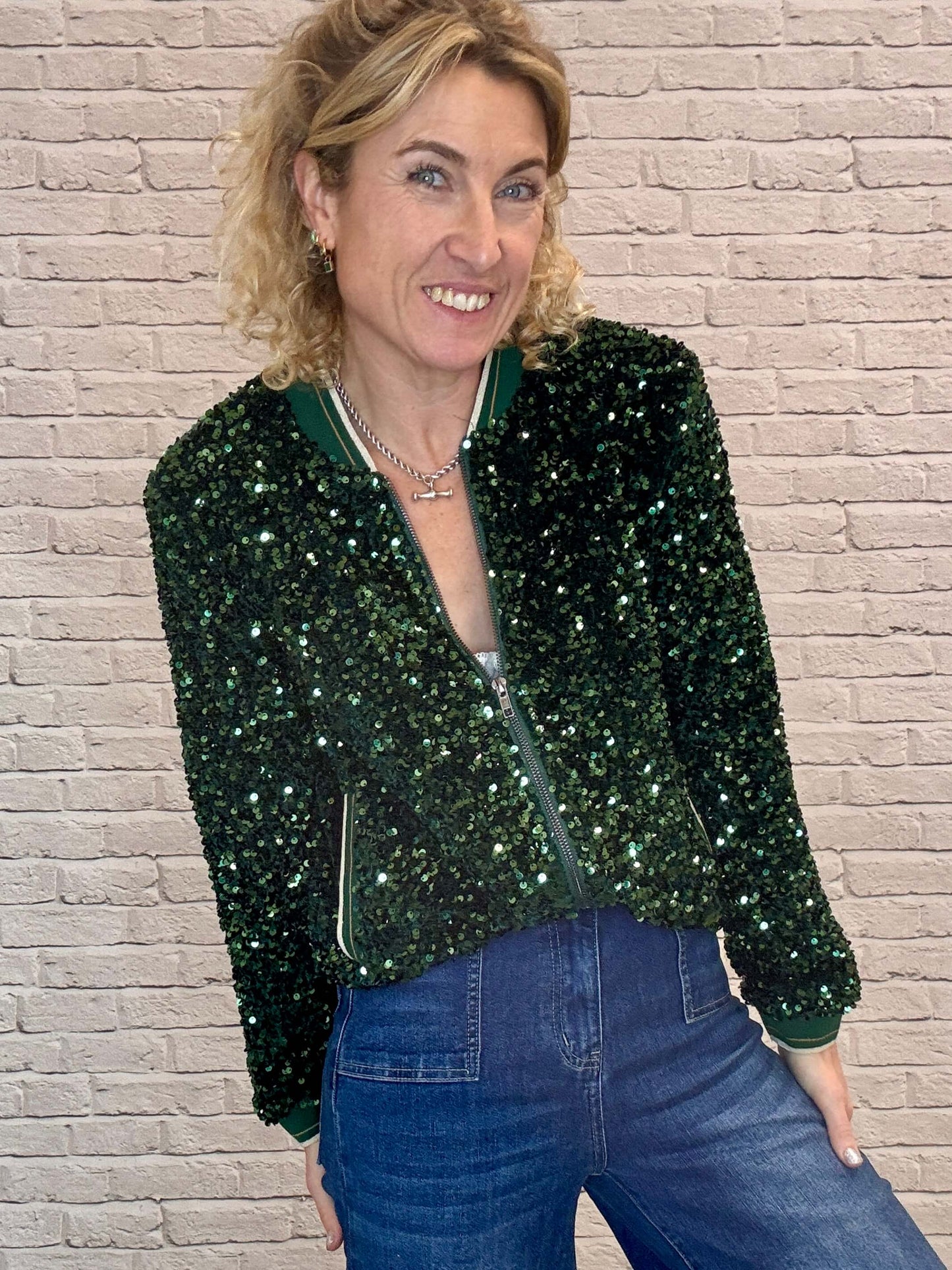 Sienna Sequin Bomber Jacket | Emerald