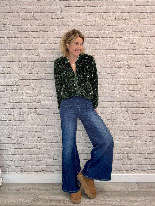Sienna Sequin Bomber Jacket | Emerald