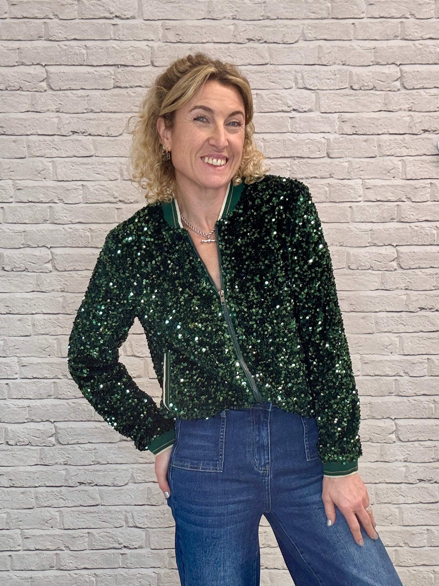 Sienna Sequin Bomber Jacket | Emerald