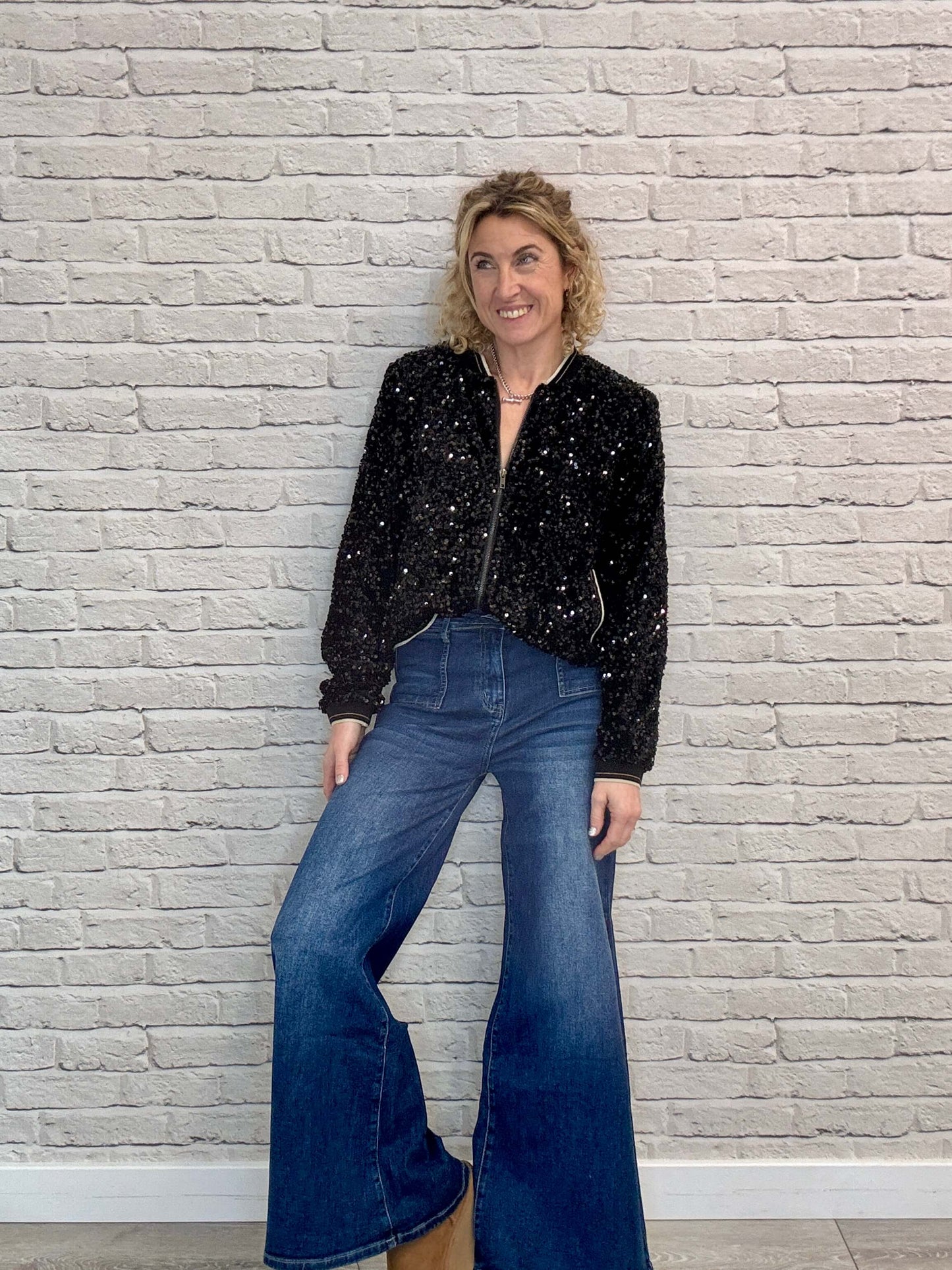 Sienna Sequin Bomber Jacket | Black