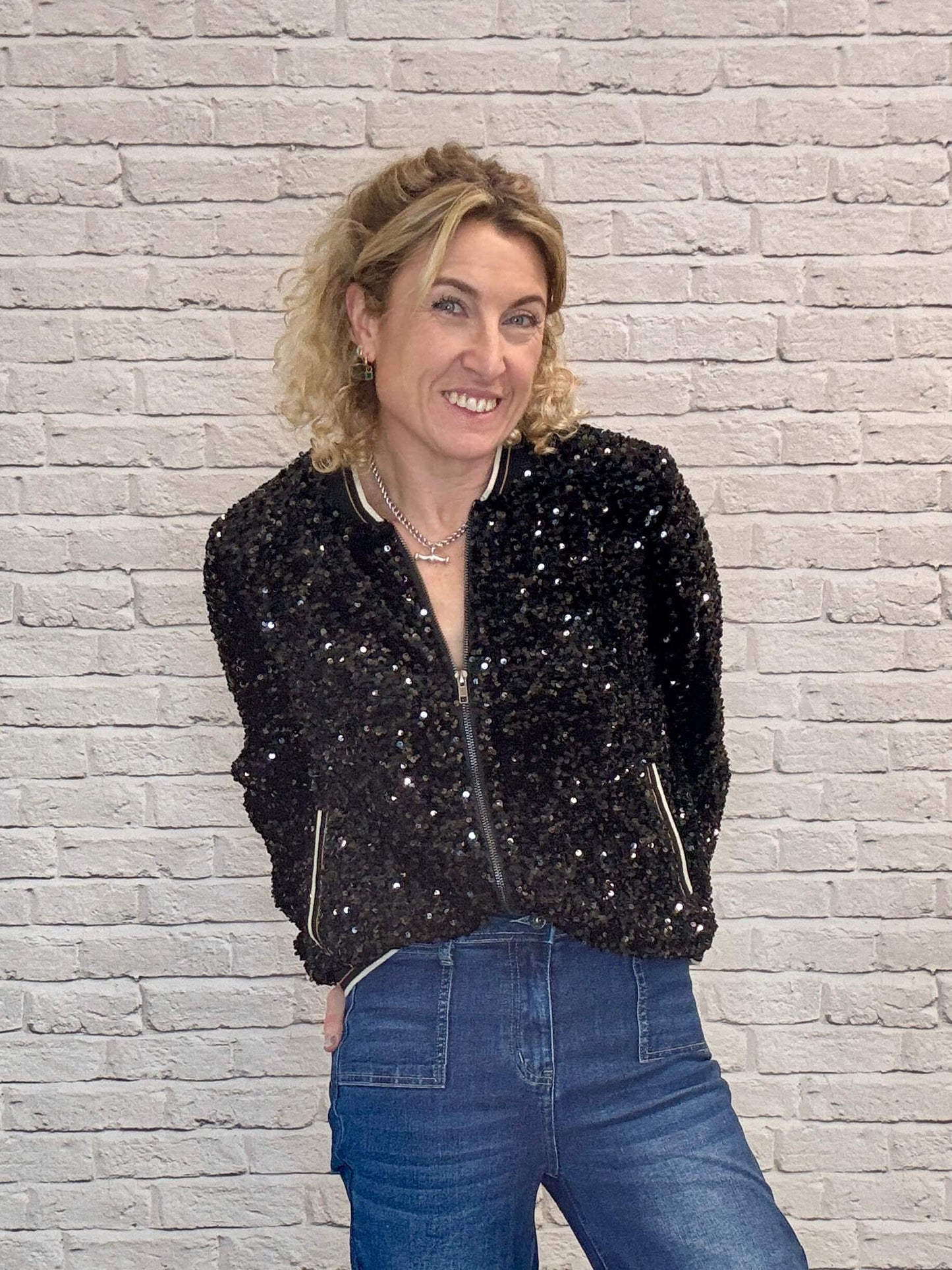 Sienna Sequin Bomber Jacket | Black