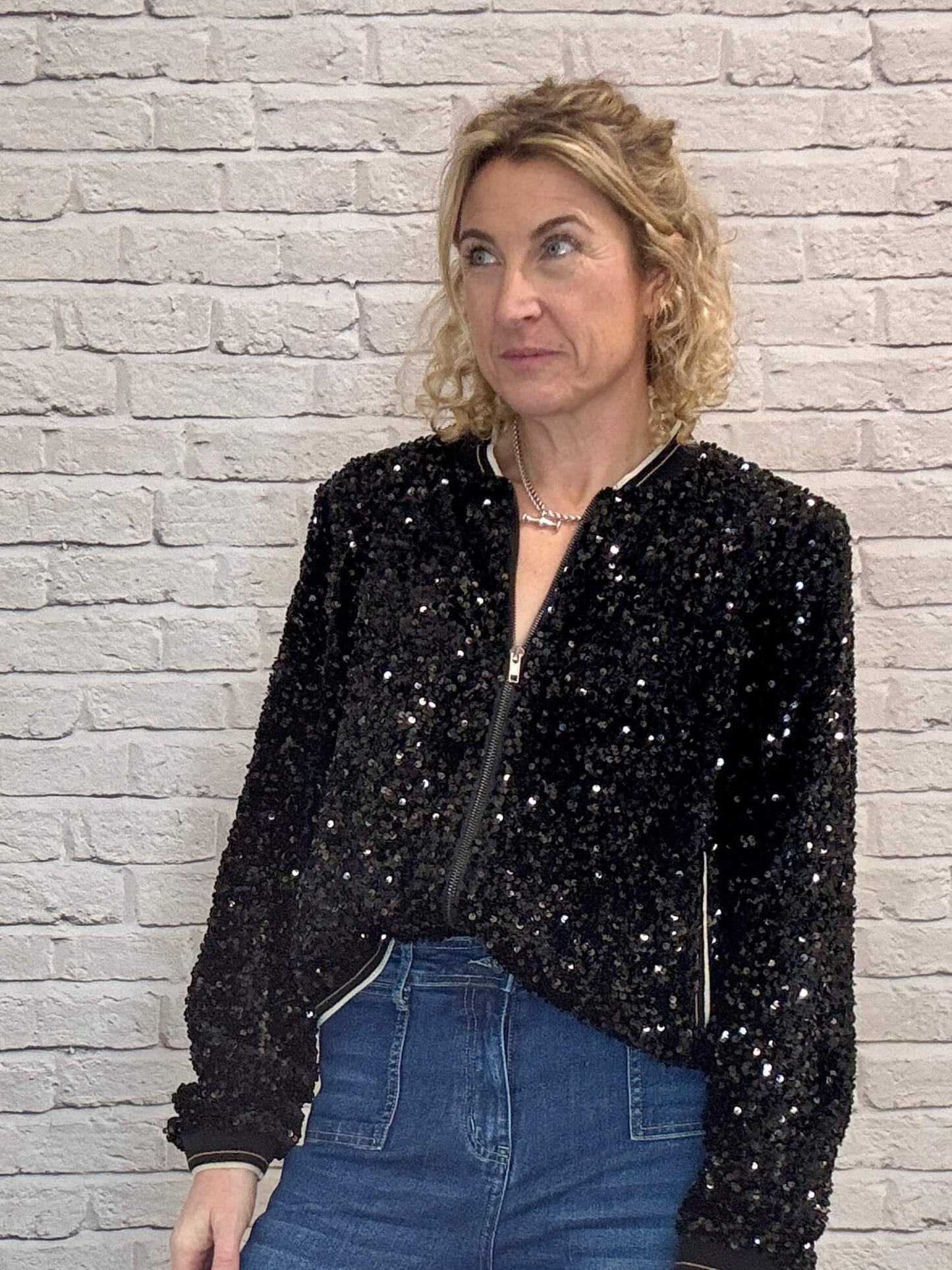Sienna Sequin Bomber Jacket | Black