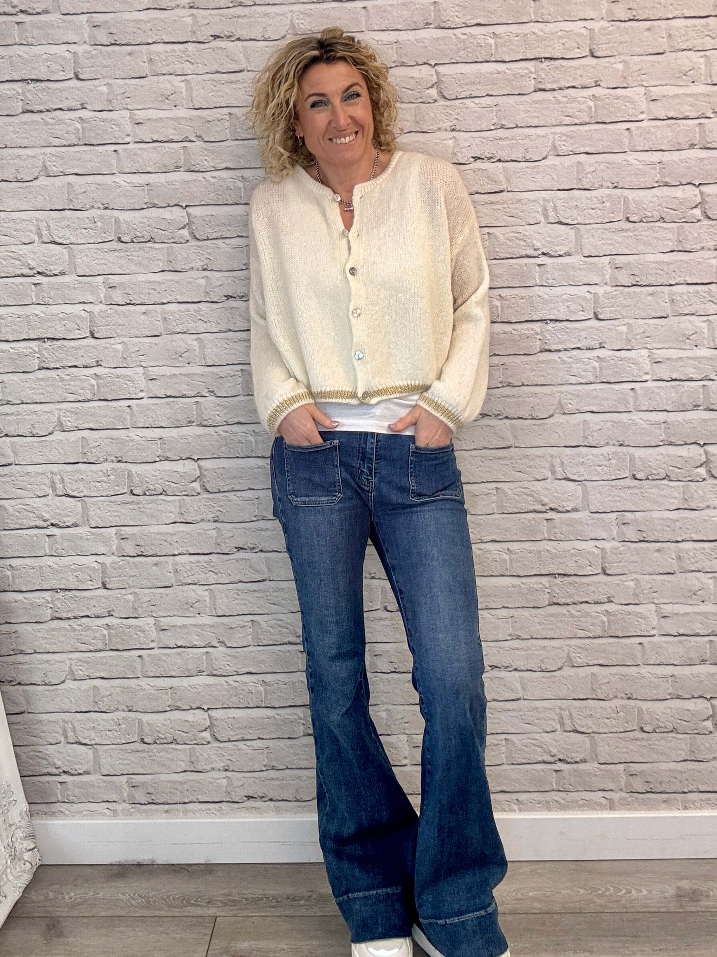 Long Sleeve Hamptons Cardigan | Winter White & Gold (NEW)