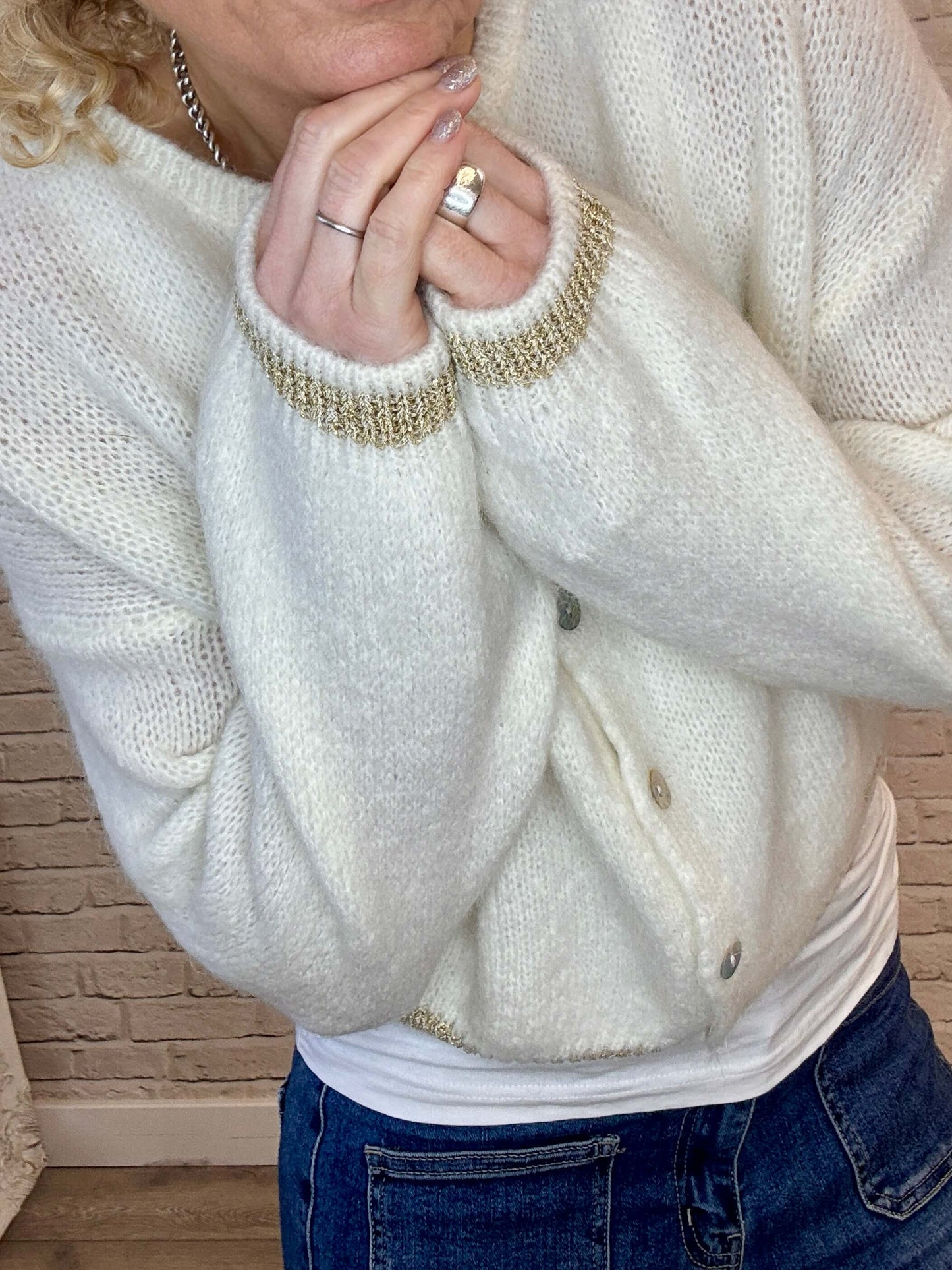 Long Sleeve Hamptons Cardigan | Winter White & Gold (NEW)