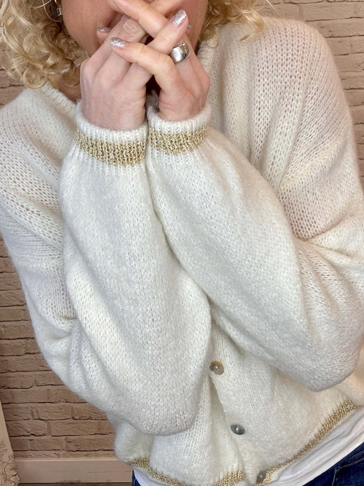 Long Sleeve Hamptons Cardigan | Winter White & Gold (NEW)