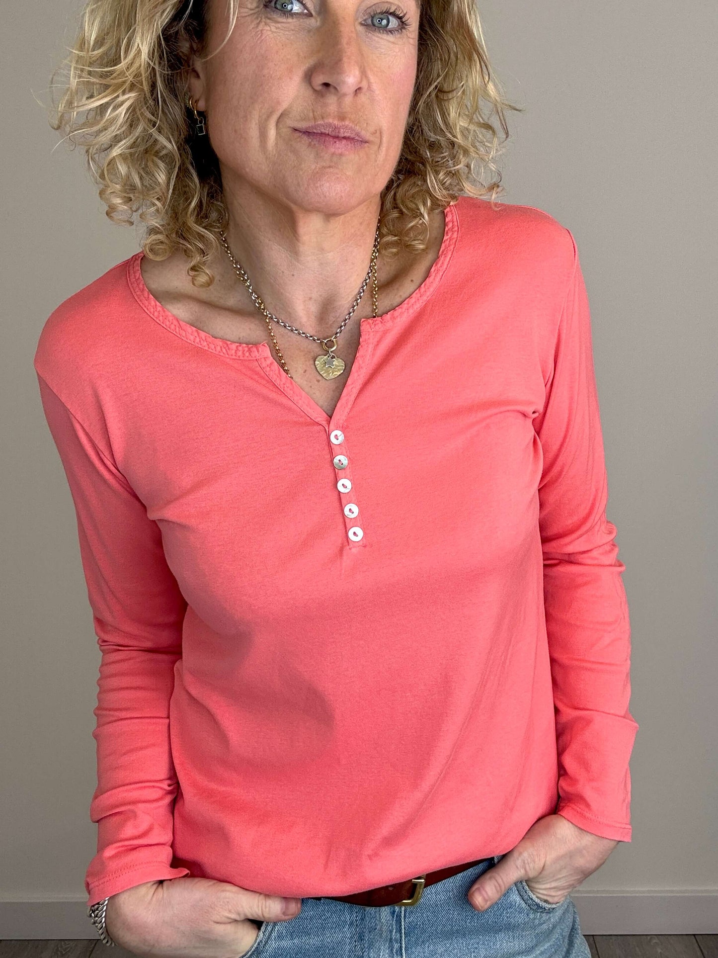 Henley Long Sleeve Tee | Coral