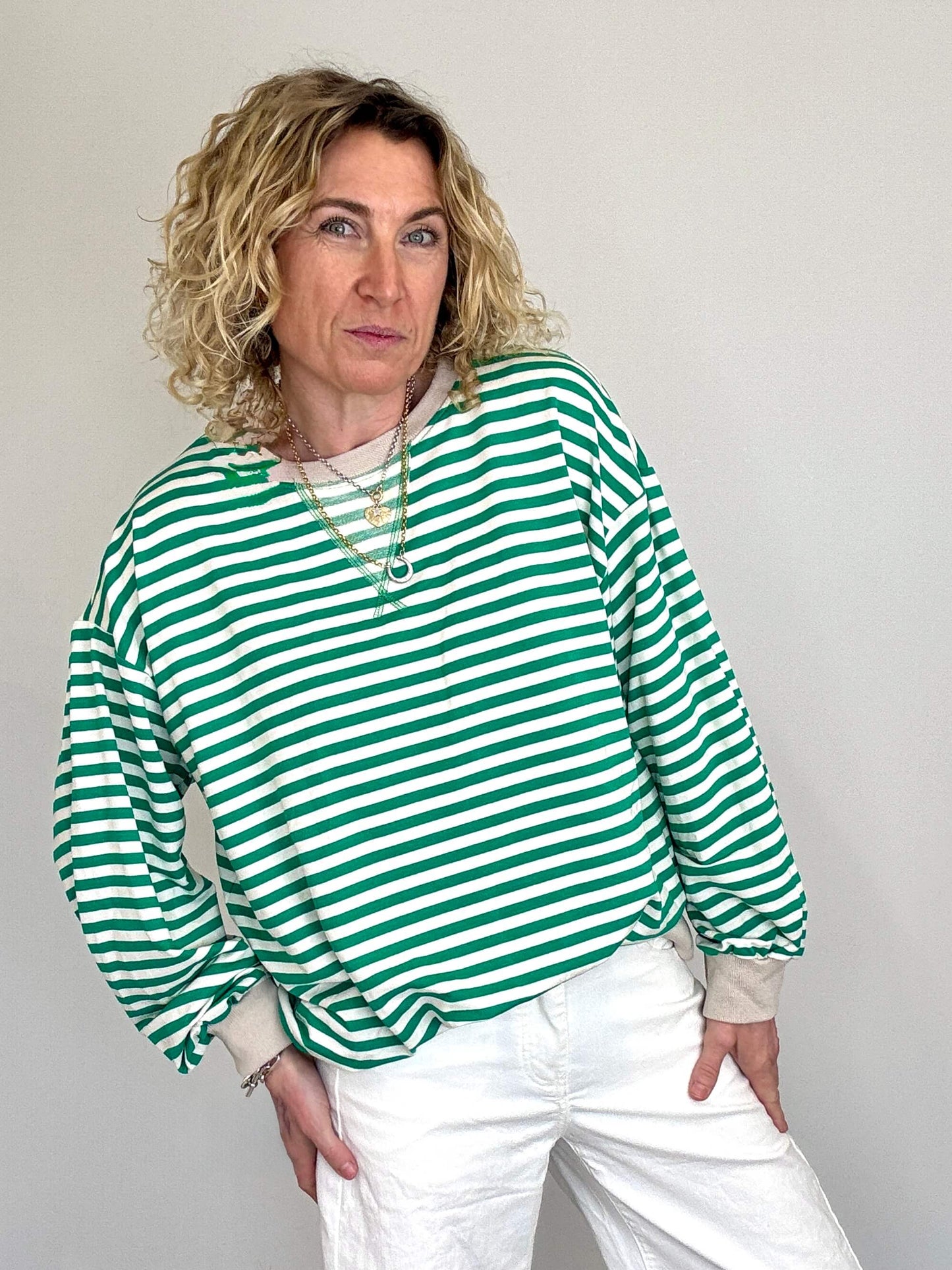 Billie Stripe Sweatshirt | Green & White