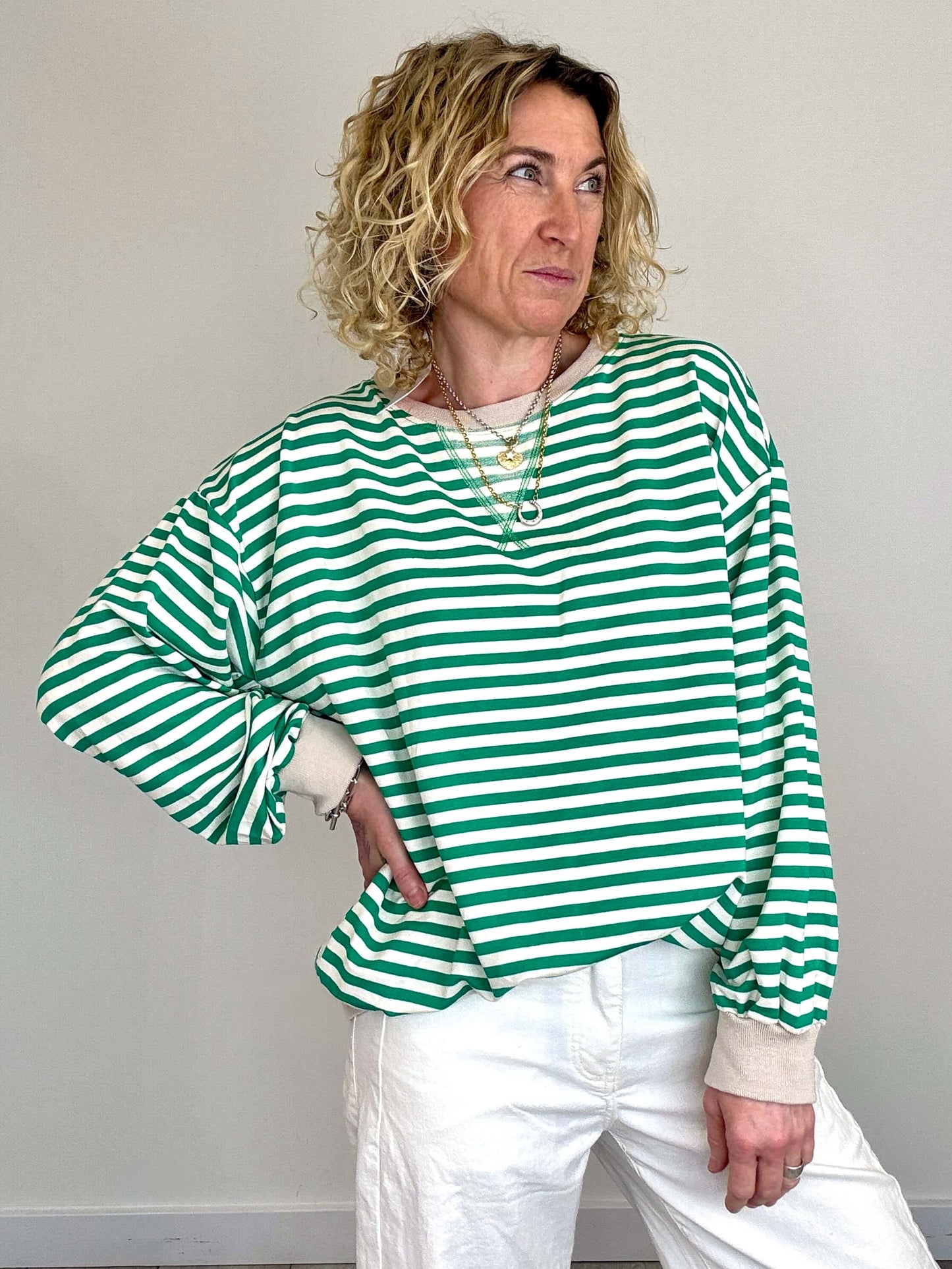 Billie Stripe Sweatshirt | Green & White