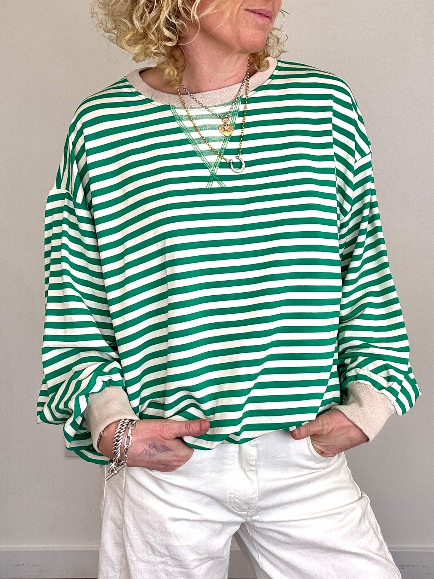 Billie Stripe Sweatshirt | Green & White