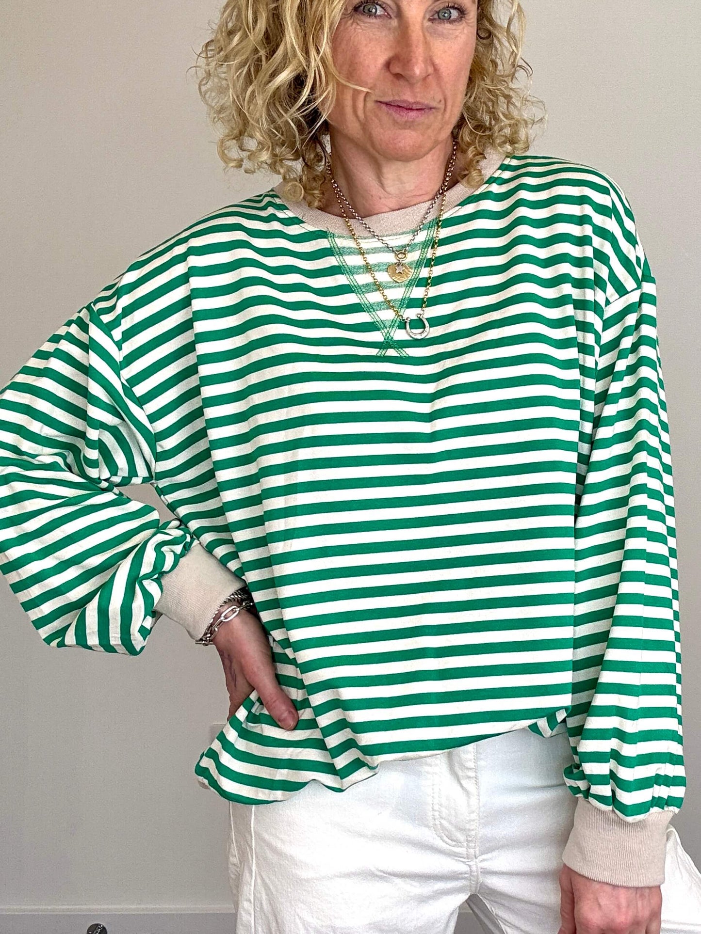 Billie Stripe Sweatshirt | Green & White