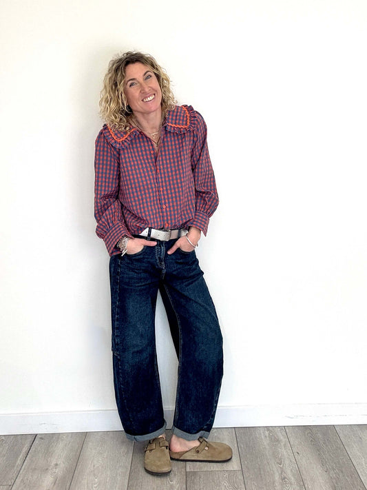 Orange & Blue Gingham Peter Pan Collar Blouse