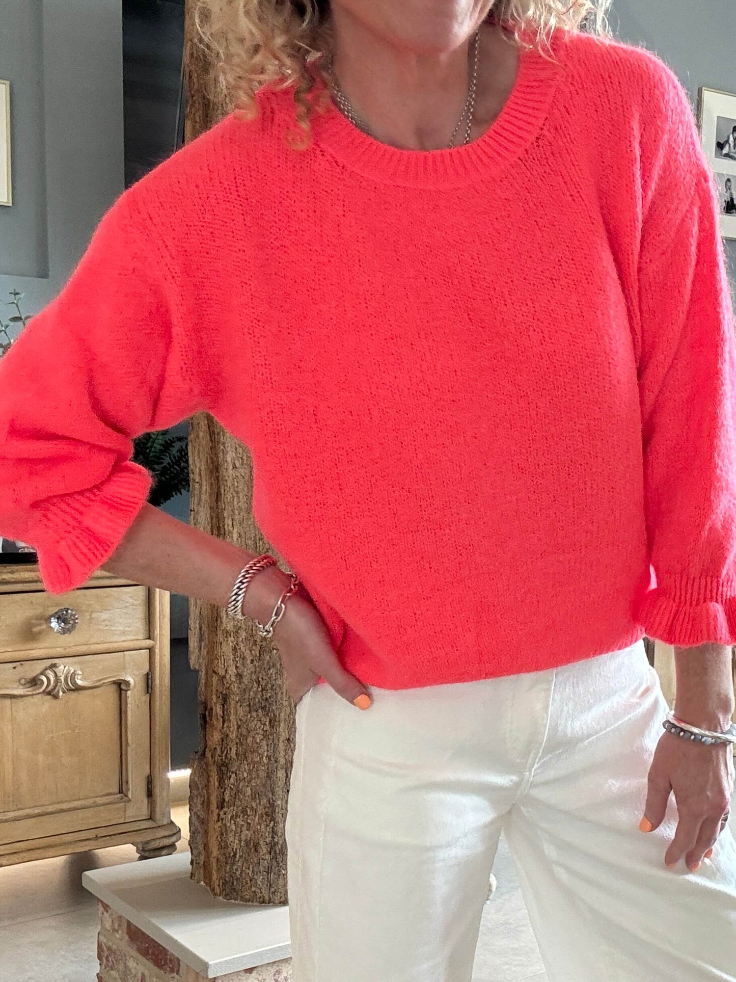 Evie Frill Sleeve Jumper | Neon Coral