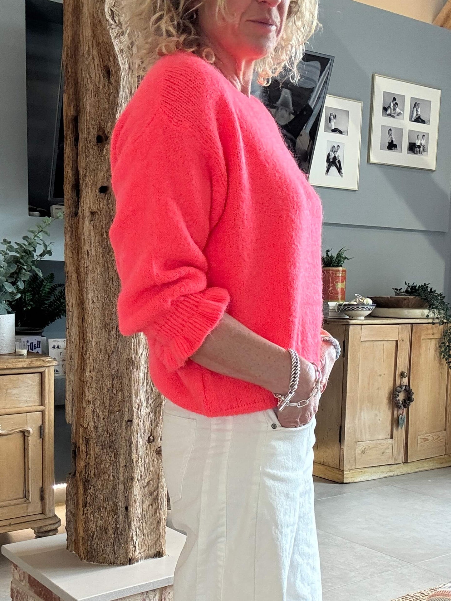 Evie Frill Sleeve Jumper | Neon Coral