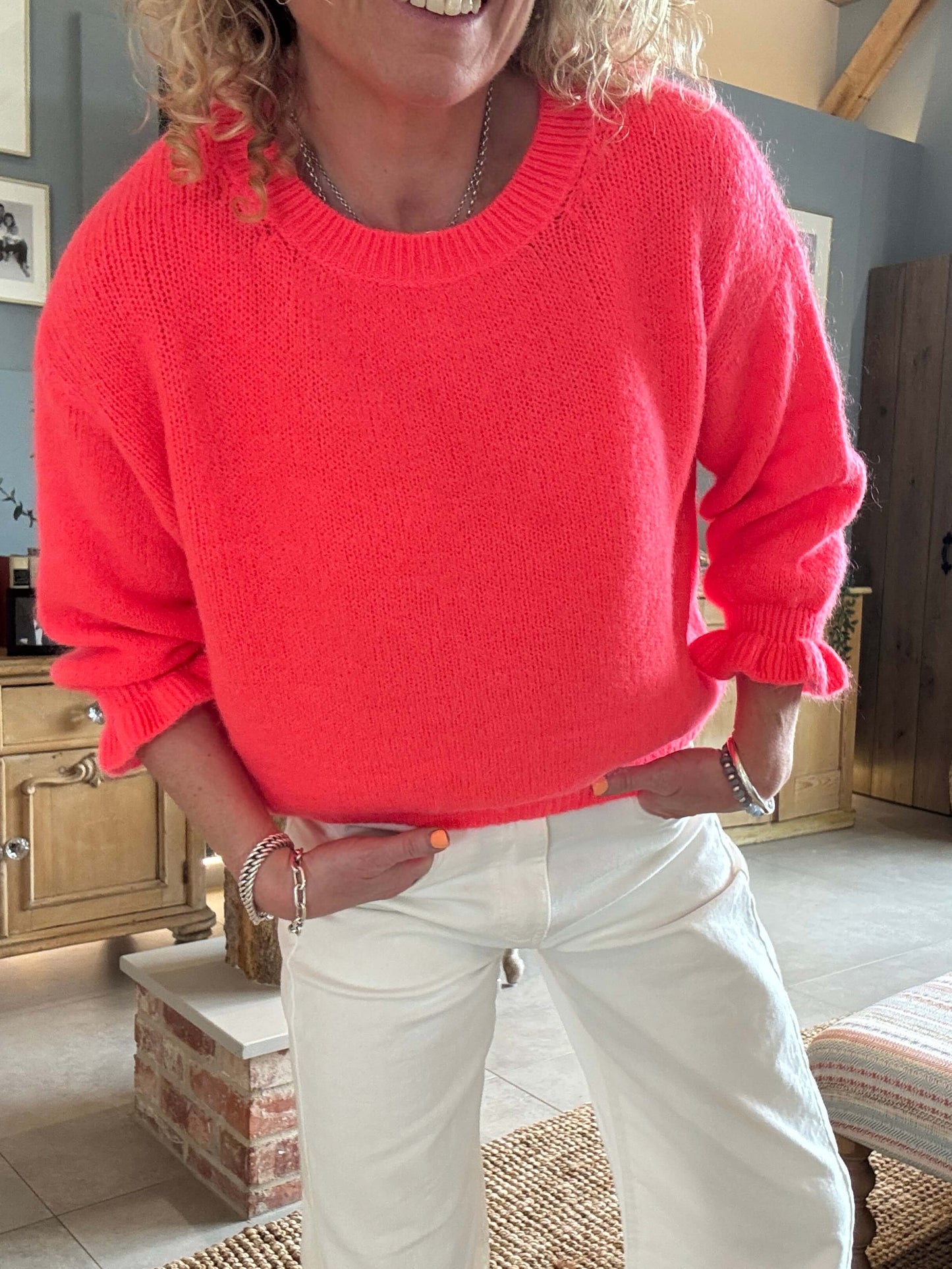 Evie Frill Sleeve Jumper | Neon Coral