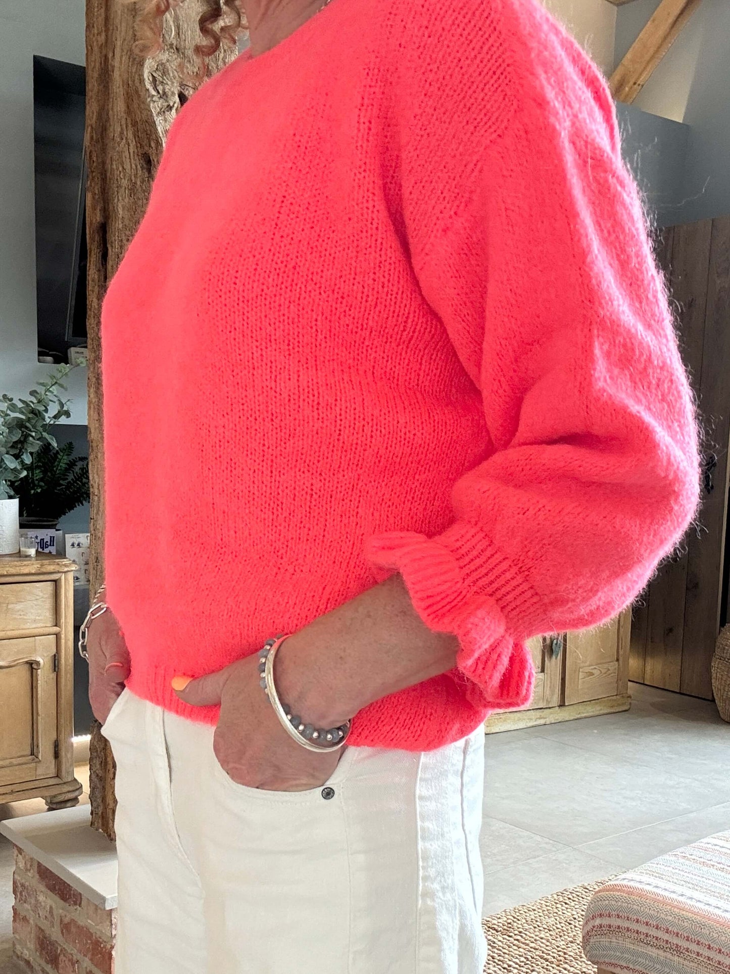 Evie Frill Sleeve Jumper | Neon Coral