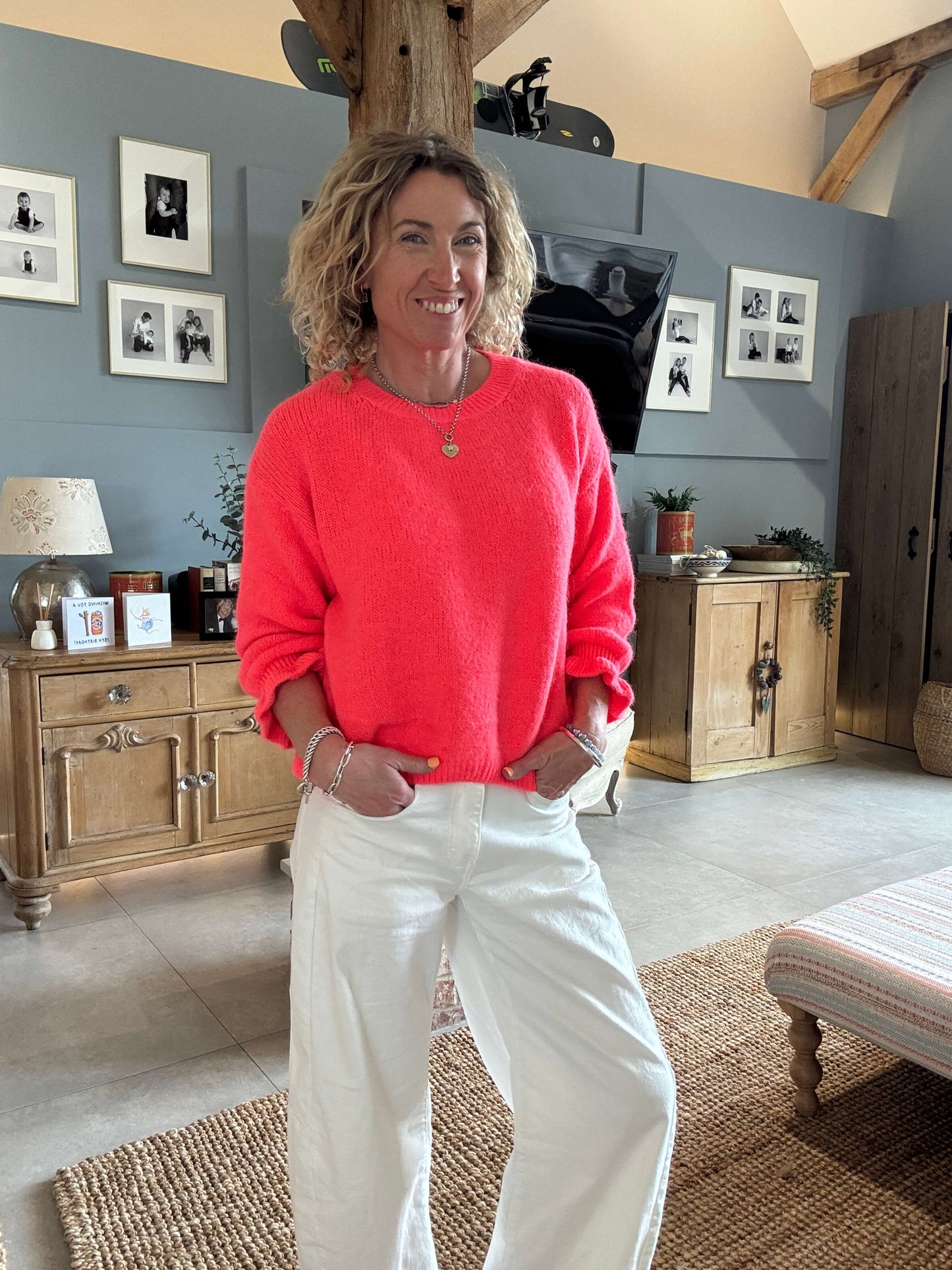 Evie Frill Sleeve Jumper | Neon Coral