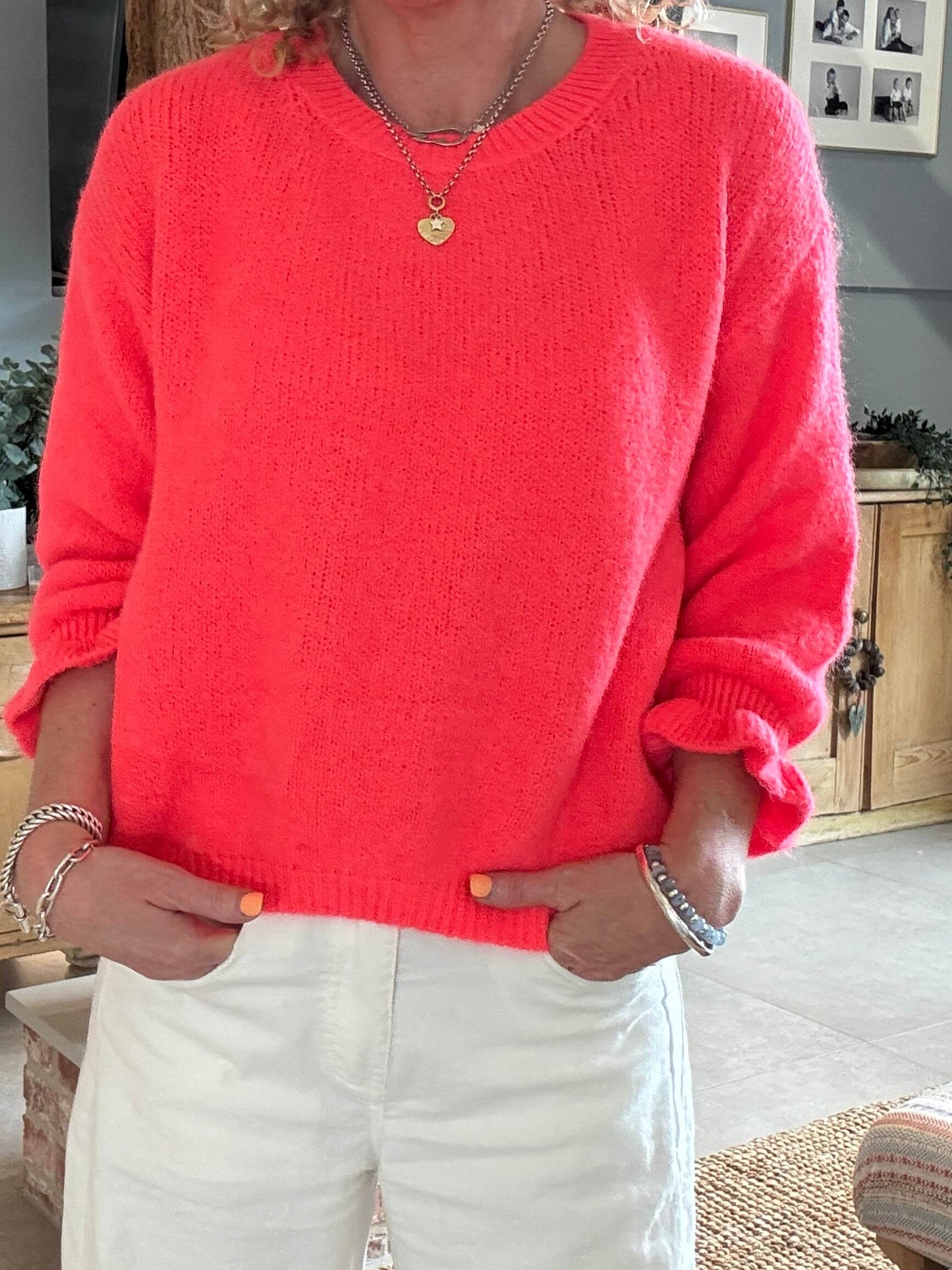 Evie Frill Sleeve Jumper | Neon Coral