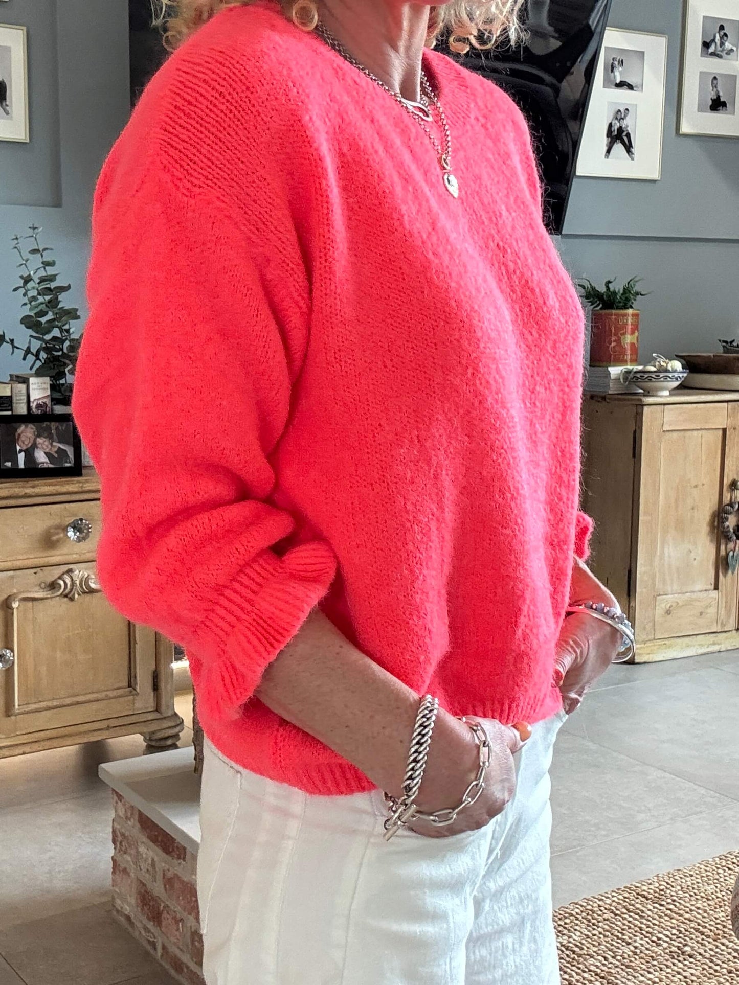 Evie Frill Sleeve Jumper | Neon Coral